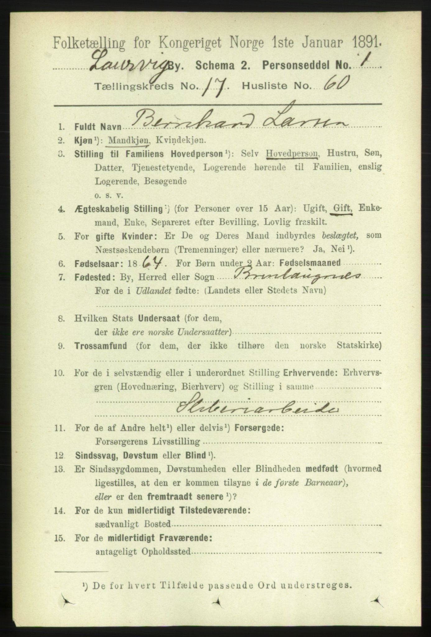 RA, 1891 census for 0707 Larvik, 1891, p. 12839