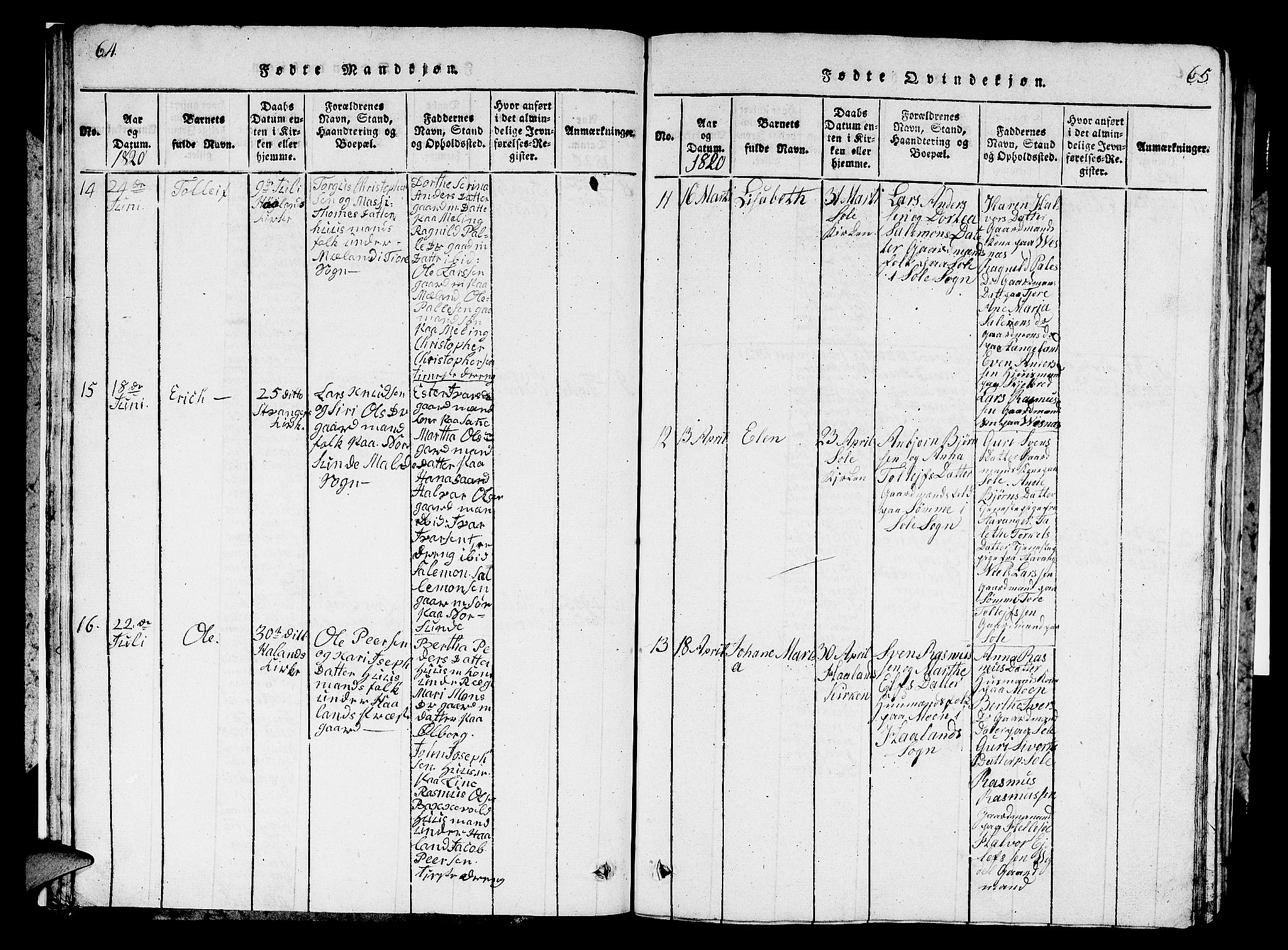 Håland sokneprestkontor, SAST/A-101802/001/30BB/L0001: Parish register (copy) no. B 1, 1815-1845, p. 64-65