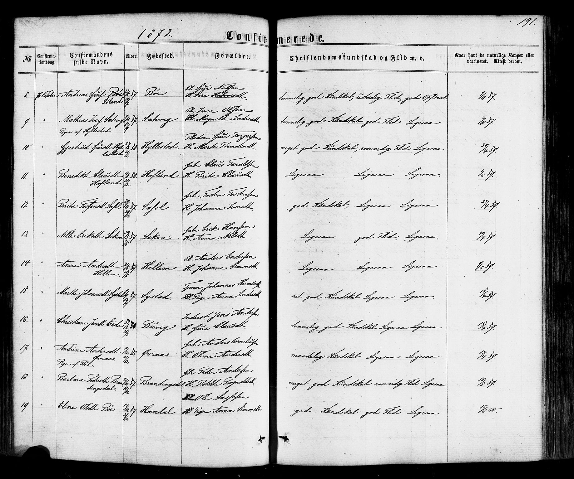 Hyllestad sokneprestembete, AV/SAB-A-80401: Parish register (official) no. A 1, 1861-1886, p. 191