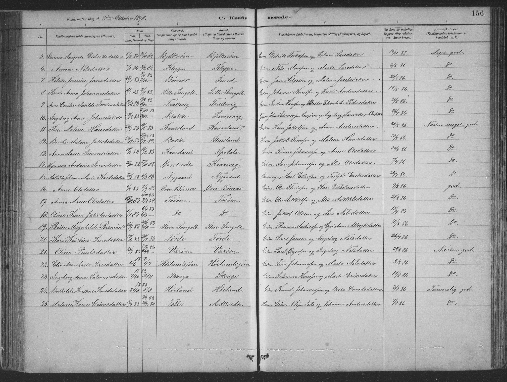 Sund sokneprestembete, SAB/A-99930: Parish register (copy) no. B 3, 1882-1911, p. 156