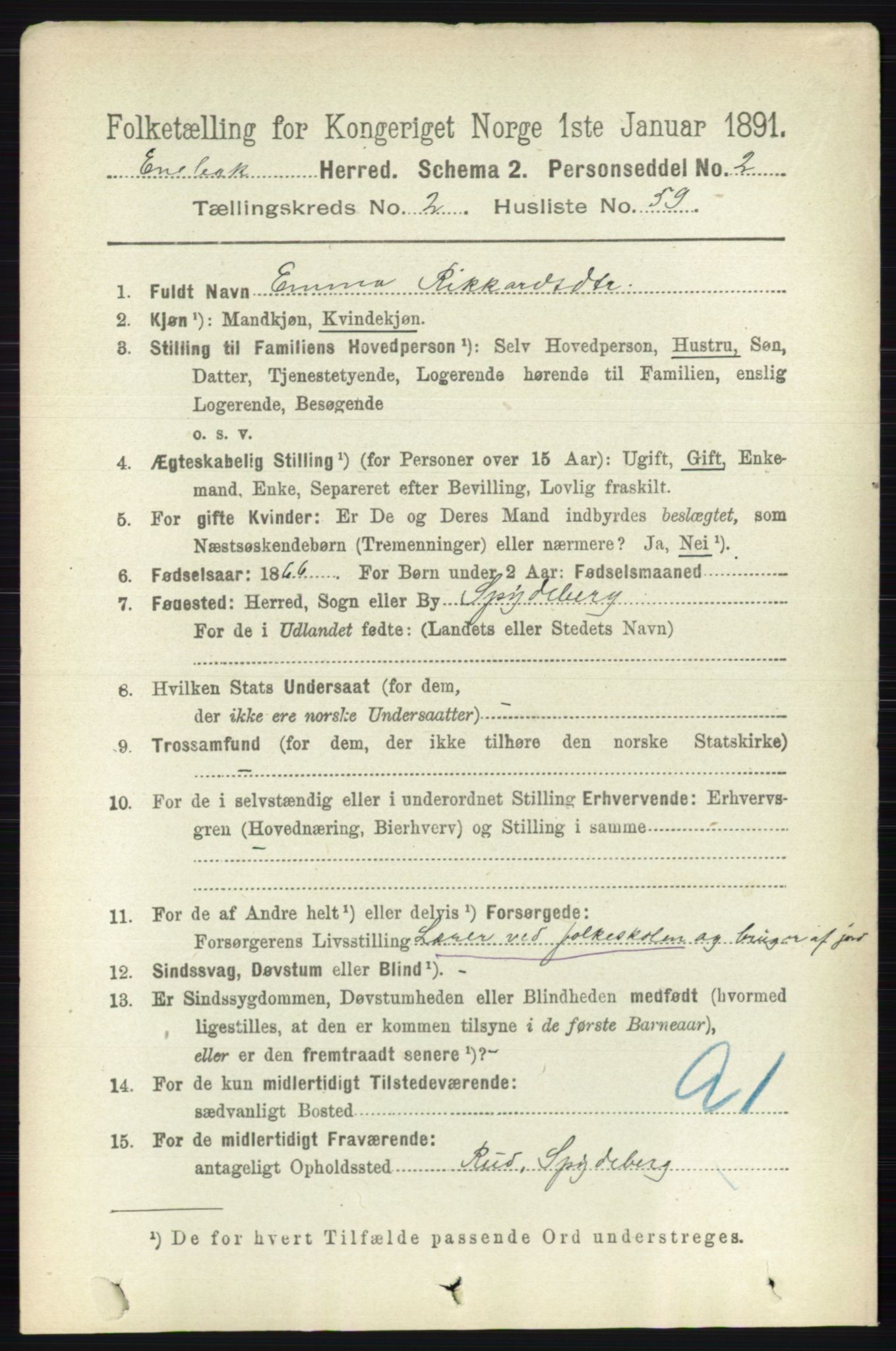 RA, 1891 census for 0229 Enebakk, 1891, p. 1067