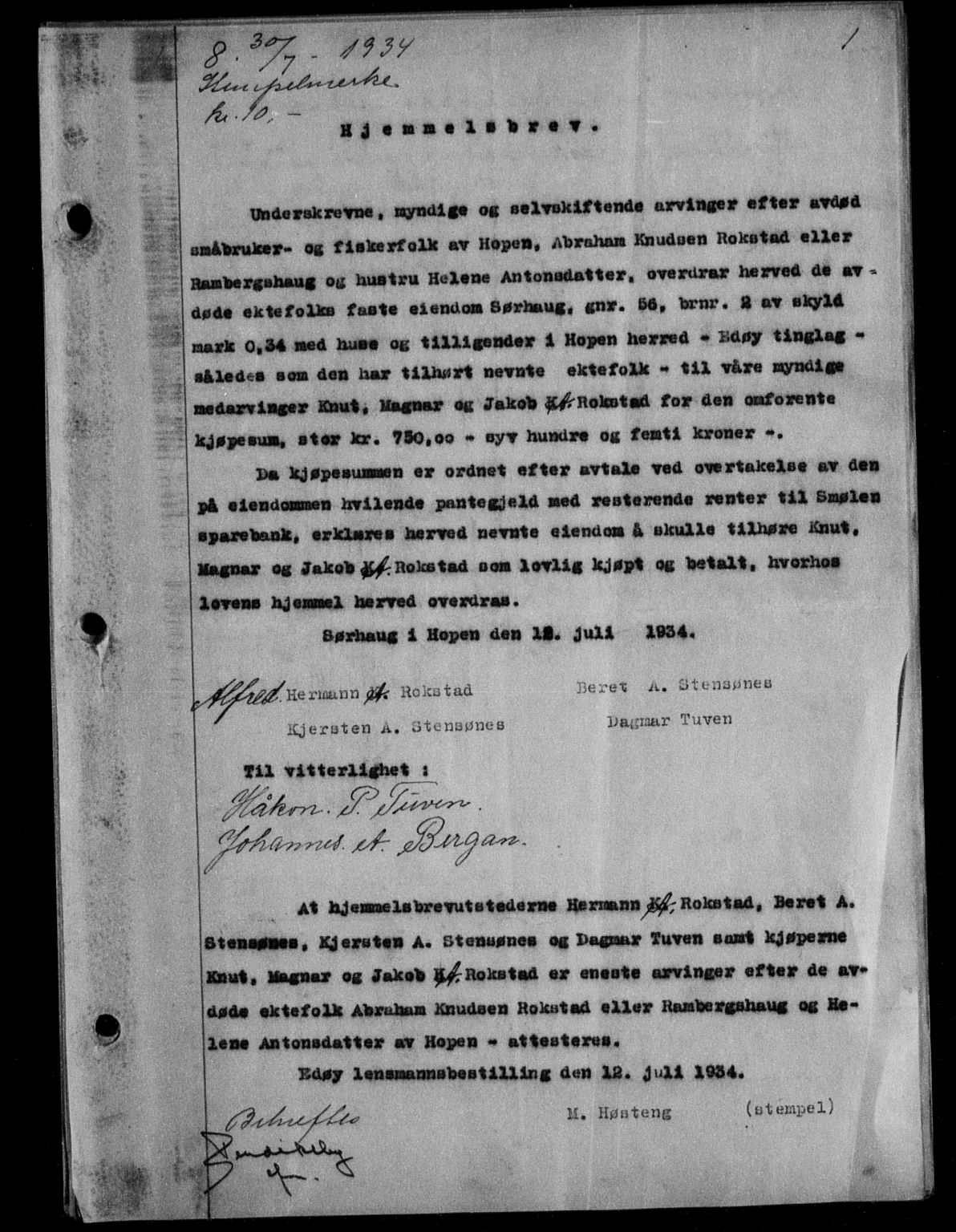 Nordmøre sorenskriveri, AV/SAT-A-4132/1/2/2Ca/L0082: Mortgage book no. 72, 1934-1934, Deed date: 30.07.1934