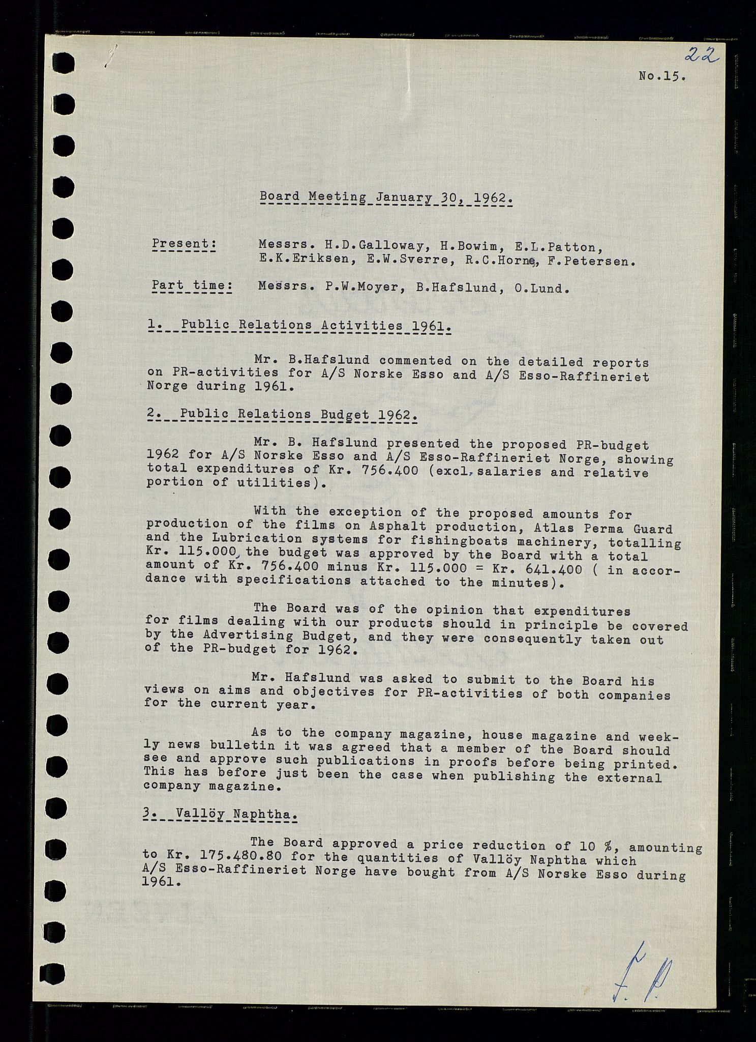 Pa 0982 - Esso Norge A/S, AV/SAST-A-100448/A/Aa/L0001/0003: Den administrerende direksjon Board minutes (styrereferater) / Den administrerende direksjon Board minutes (styrereferater), 1962, p. 22