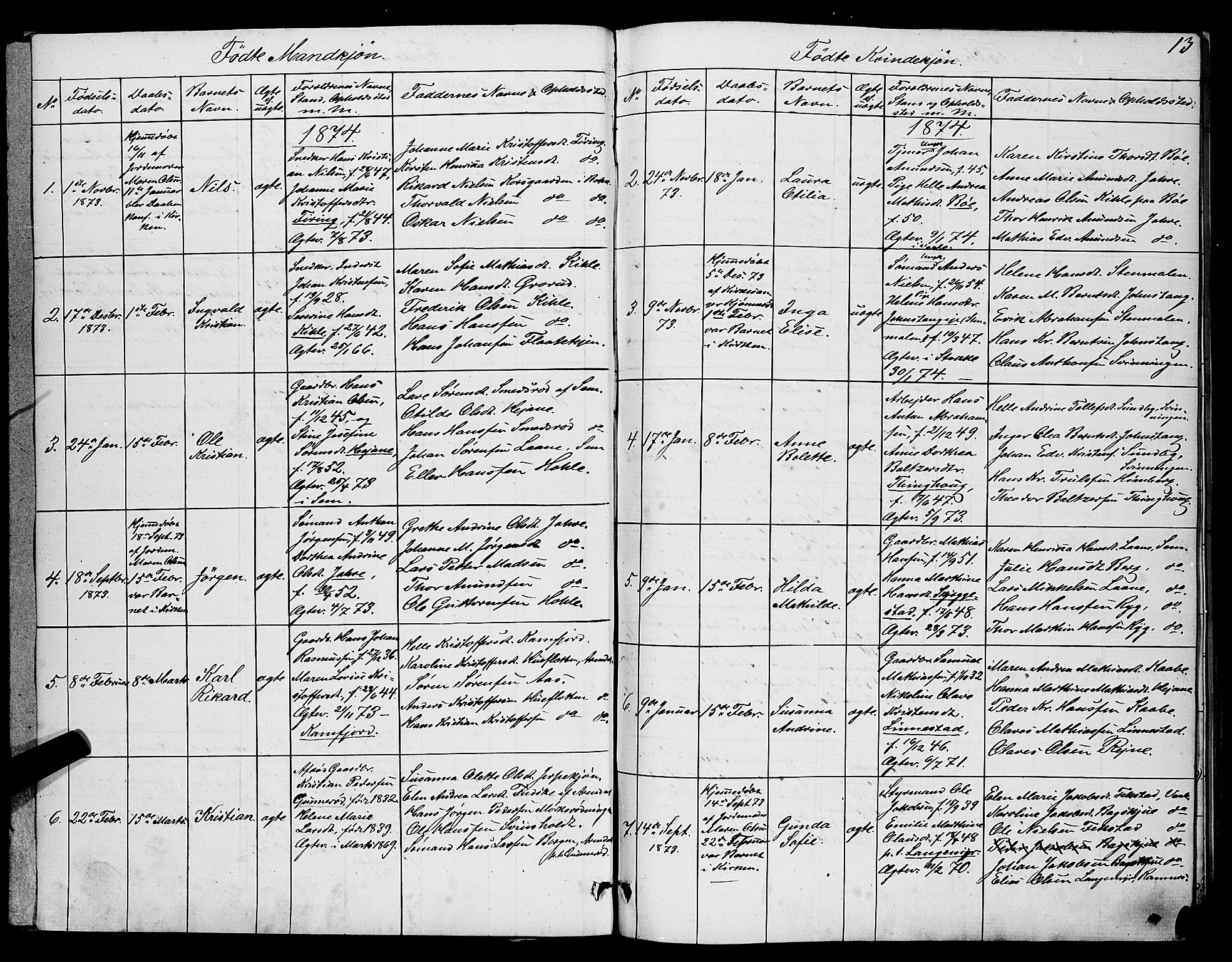 Ramnes kirkebøker, SAKO/A-314/G/Ga/L0003: Parish register (copy) no. I 3, 1870-1896, p. 13