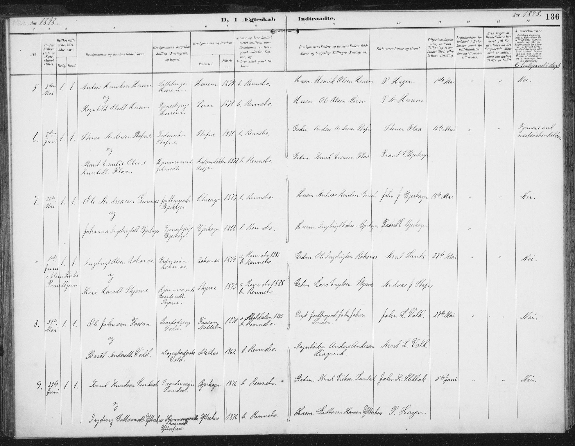 Ministerialprotokoller, klokkerbøker og fødselsregistre - Sør-Trøndelag, AV/SAT-A-1456/674/L0872: Parish register (official) no. 674A04, 1897-1907, p. 136