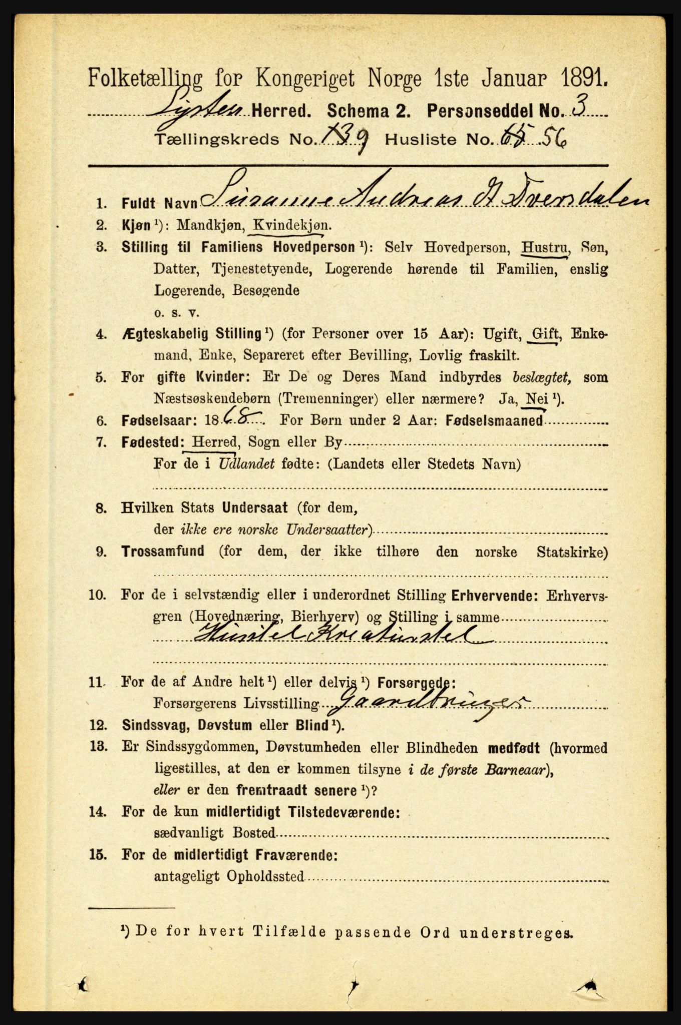 RA, 1891 census for 1426 Luster, 1891, p. 3092