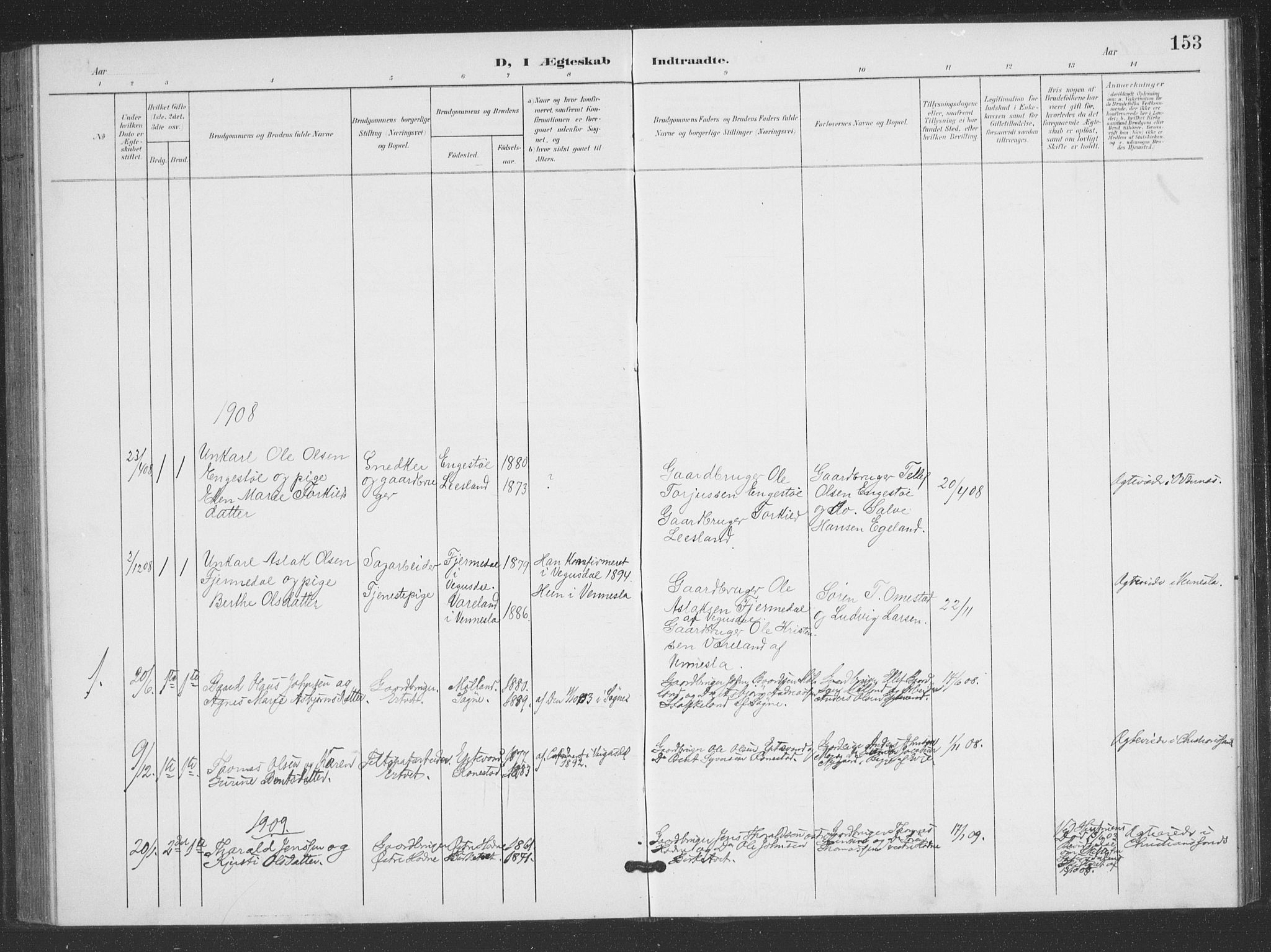 Evje sokneprestkontor, AV/SAK-1111-0008/F/Fb/Fbc/L0005: Parish register (copy) no. B 5, 1901-1935, p. 153