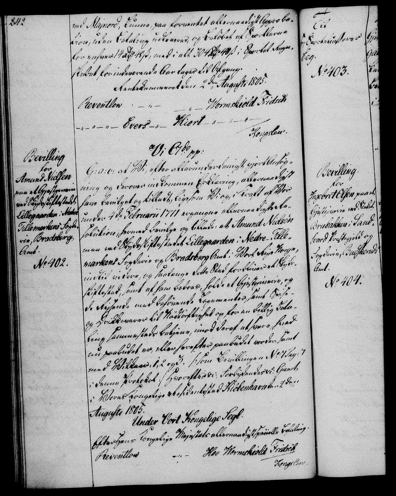 Rentekammeret, Kammerkanselliet, AV/RA-EA-3111/G/Gg/Gga/L0018: Norsk ekspedisjonsprotokoll med register (merket RK 53.18), 1804-1806, p. 242