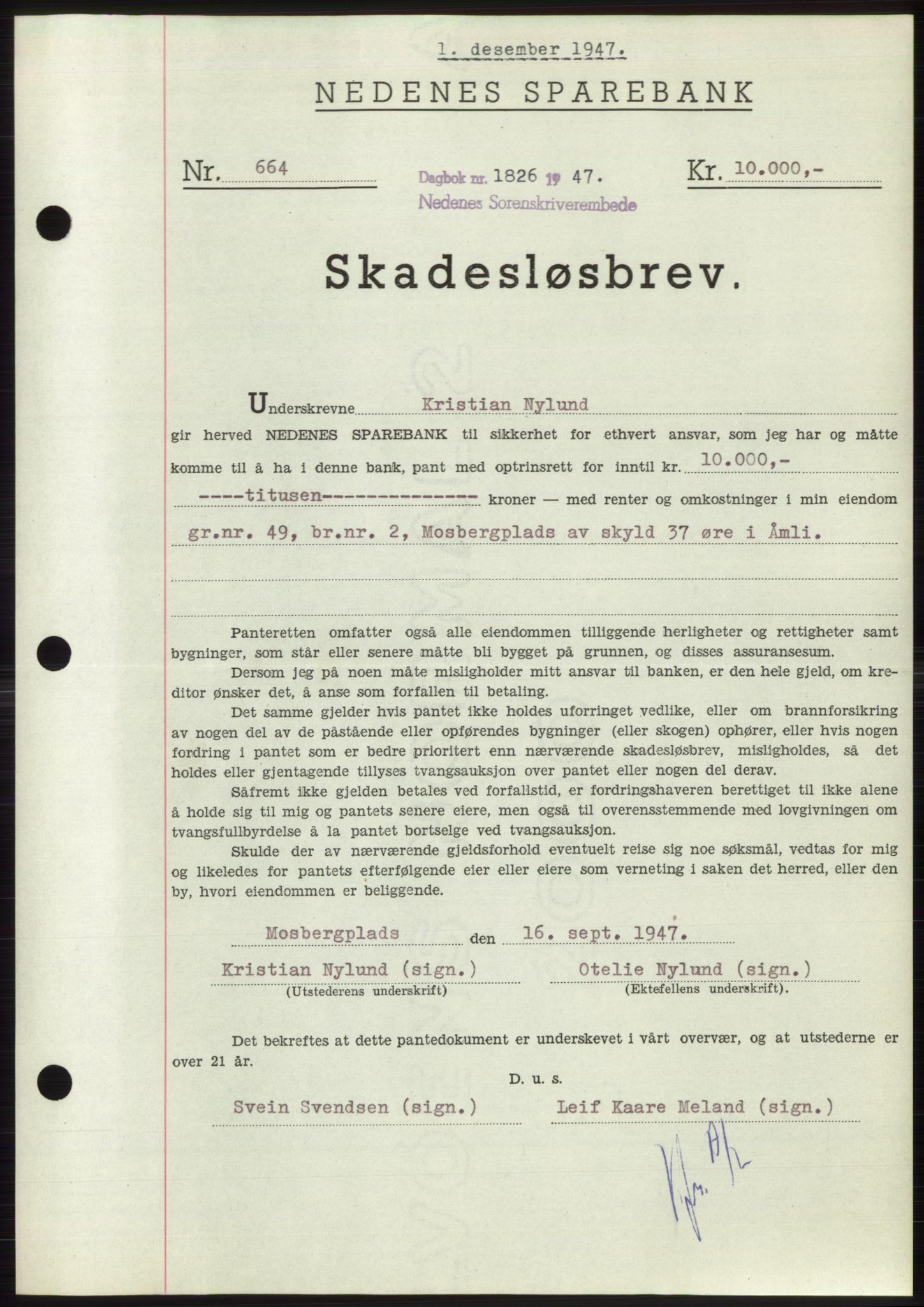 Nedenes sorenskriveri, AV/SAK-1221-0006/G/Gb/Gbb/L0004: Mortgage book no. B4, 1947-1947, Diary no: : 1826/1947