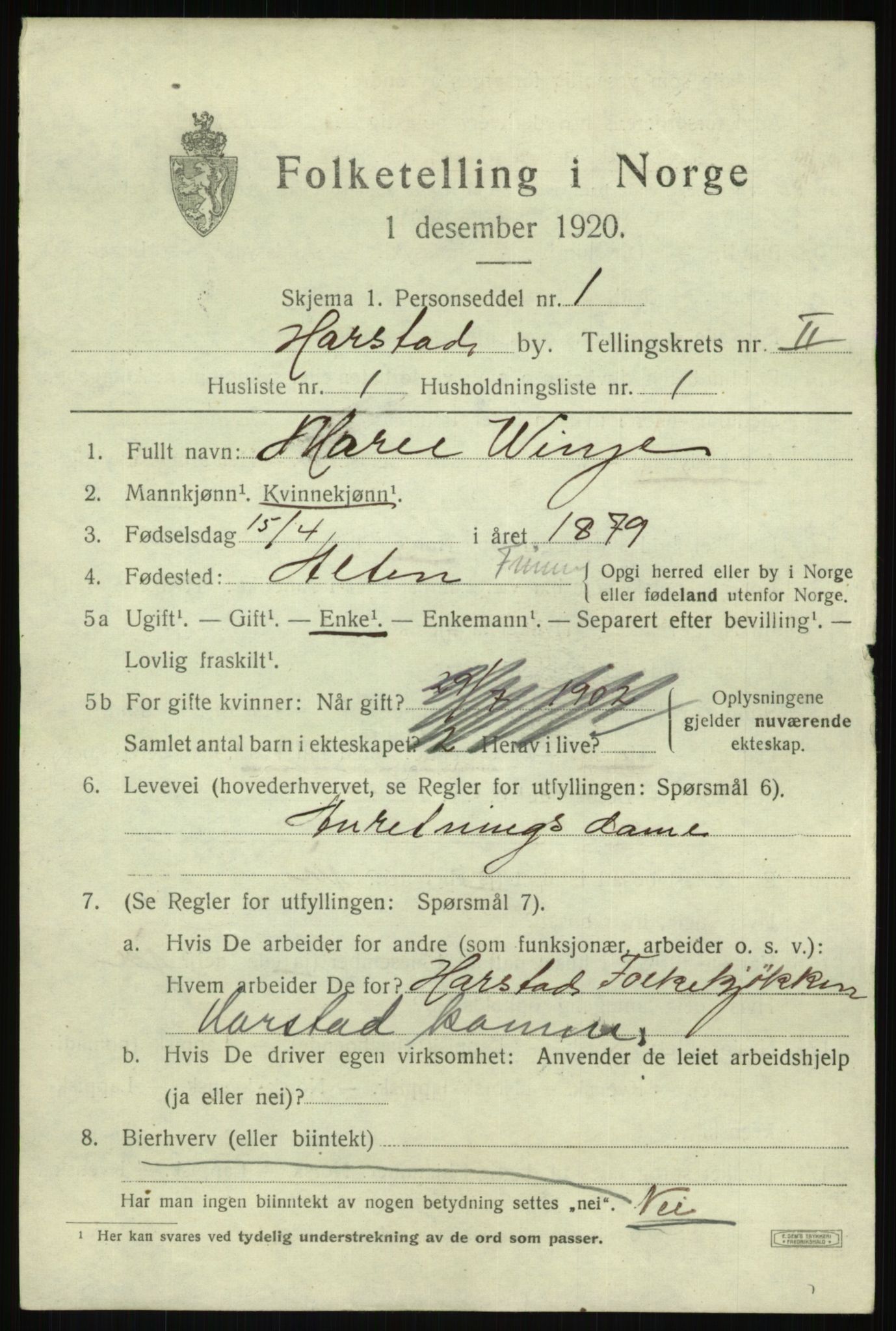 SATØ, 1920 census for Harstad, 1920, p. 2942