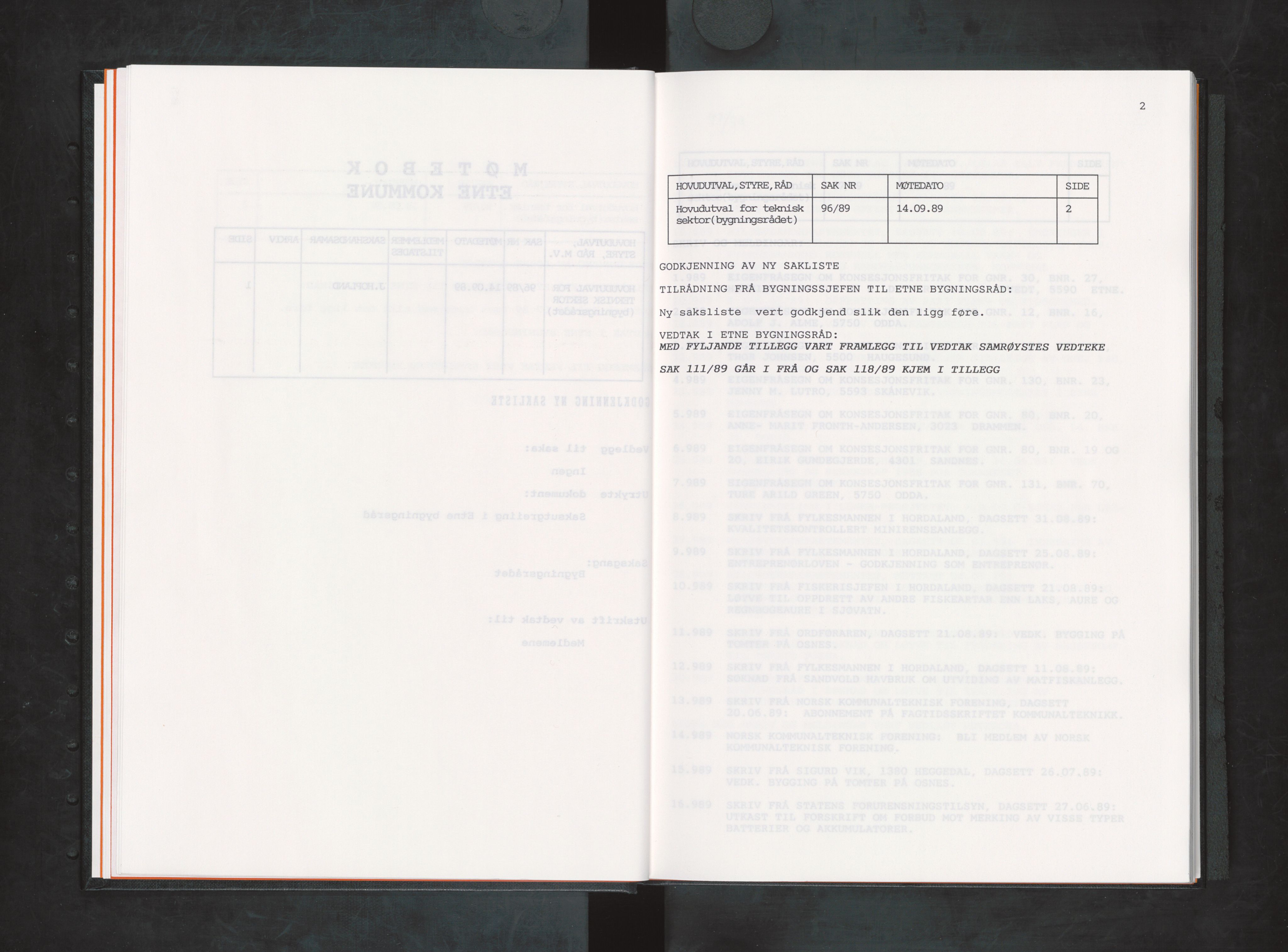 Etne kommune. Bygningsrådet, IKAH/1211-511/A/Aa/L0042: Møtebok Etne bygningsråd II, 1989