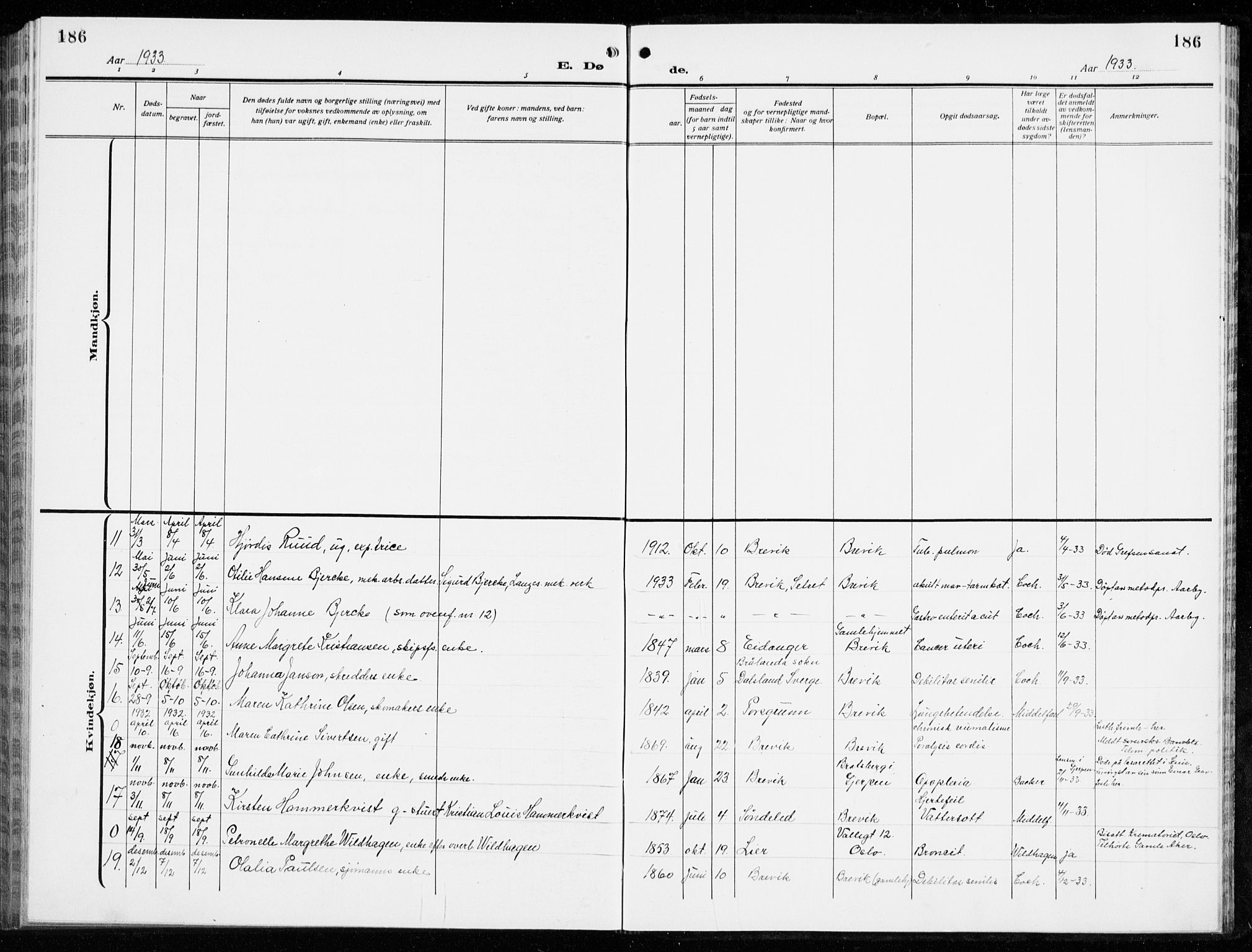 Brevik kirkebøker, SAKO/A-255/G/Ga/L0006: Parish register (copy) no. 6, 1922-1940, p. 186