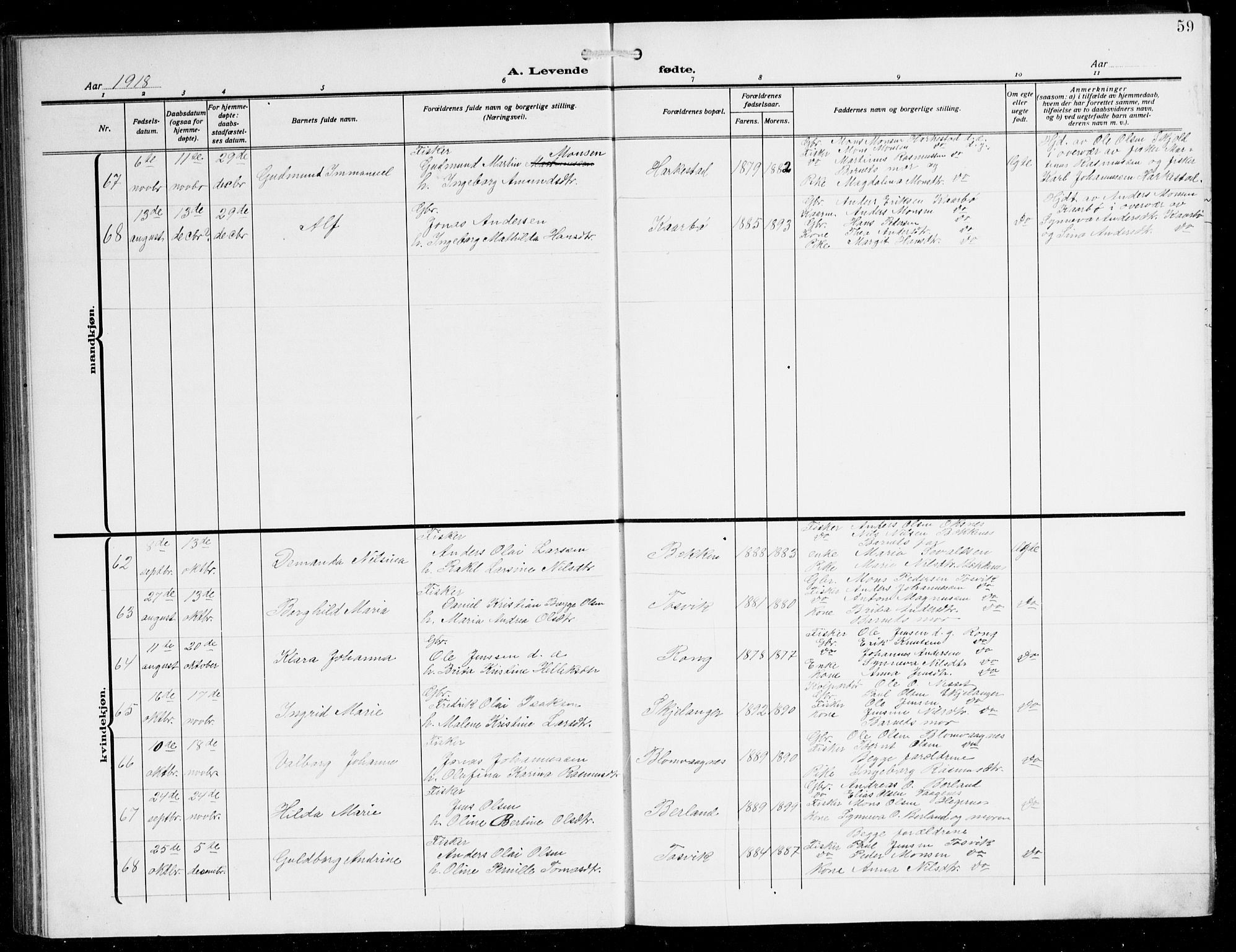 Herdla Sokneprestembete, AV/SAB-A-75701/H/Hab: Parish register (copy) no. C 2, 1913-1926, p. 59