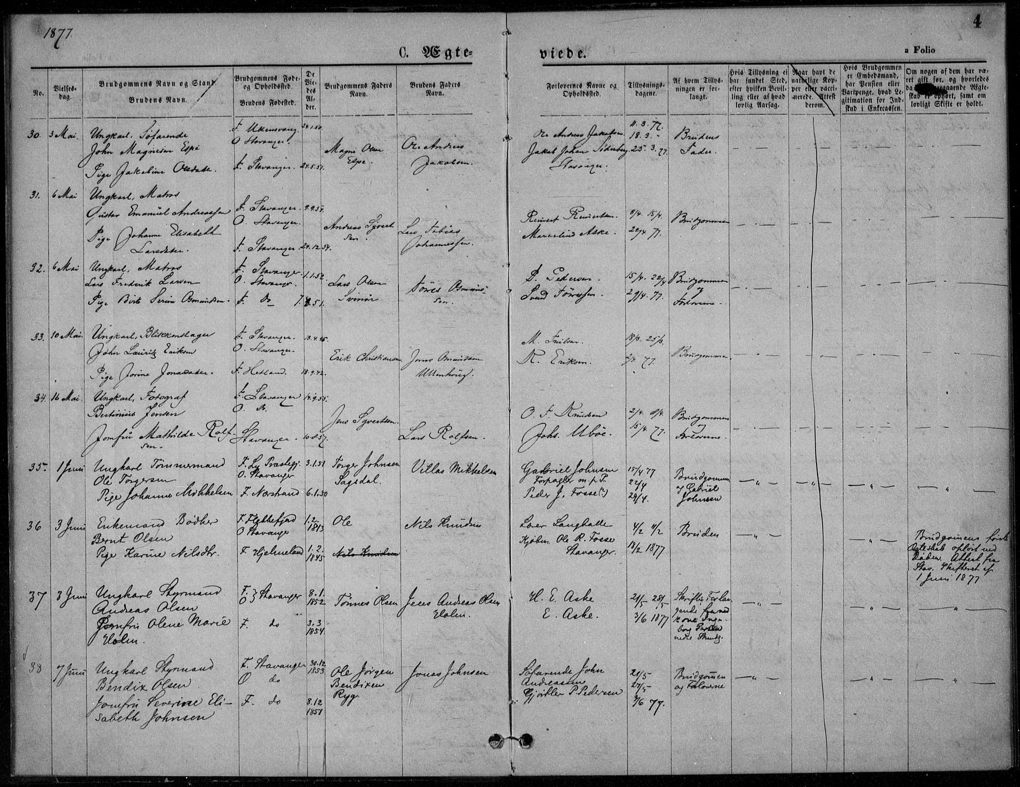 Domkirken sokneprestkontor, AV/SAST-A-101812/001/30/30BA/L0023: Parish register (official) no. A 22, 1877-1877, p. 4