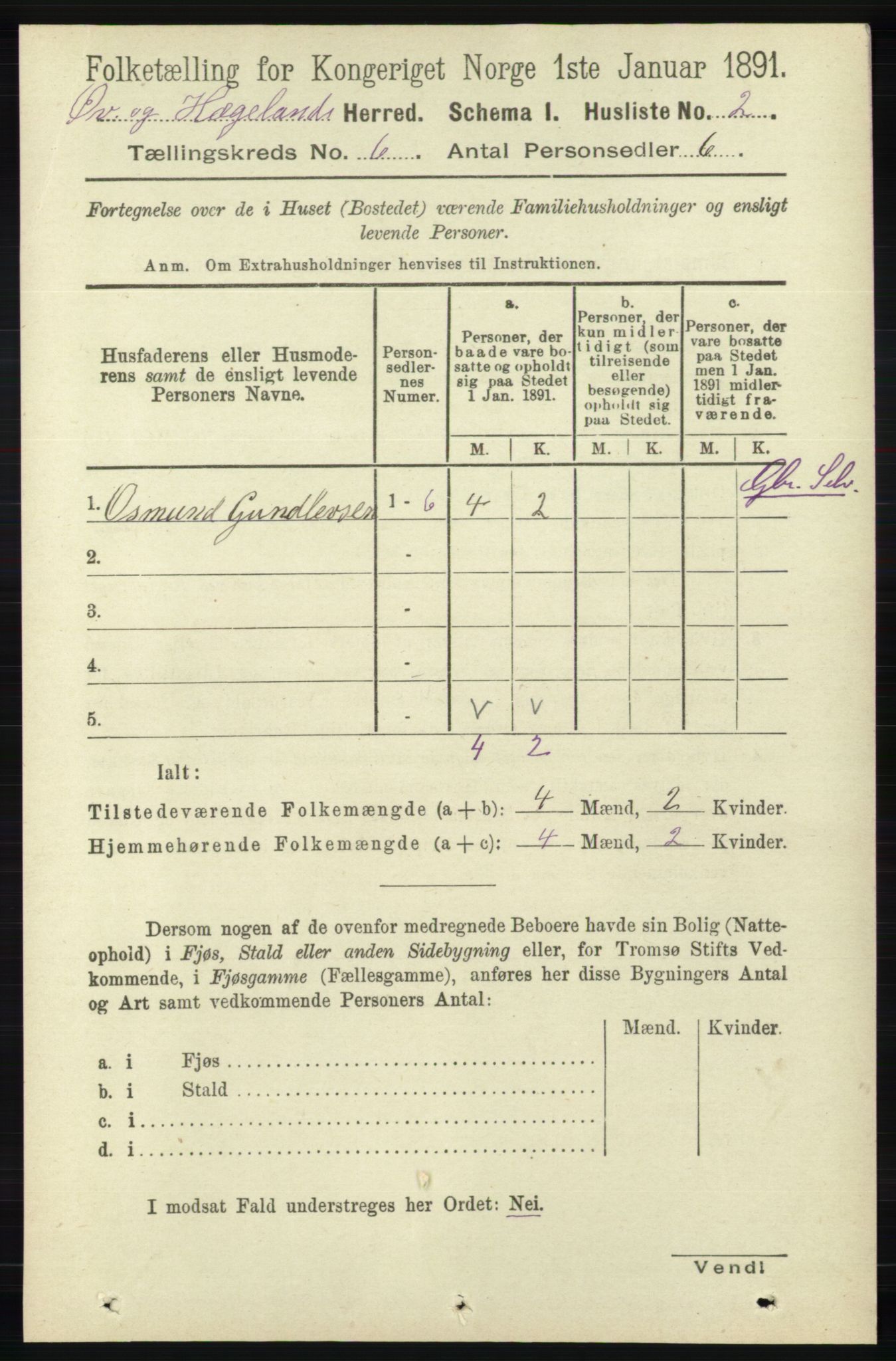 RA, 1891 census for 1016 Øvrebø og Hægeland, 1891, p. 1147