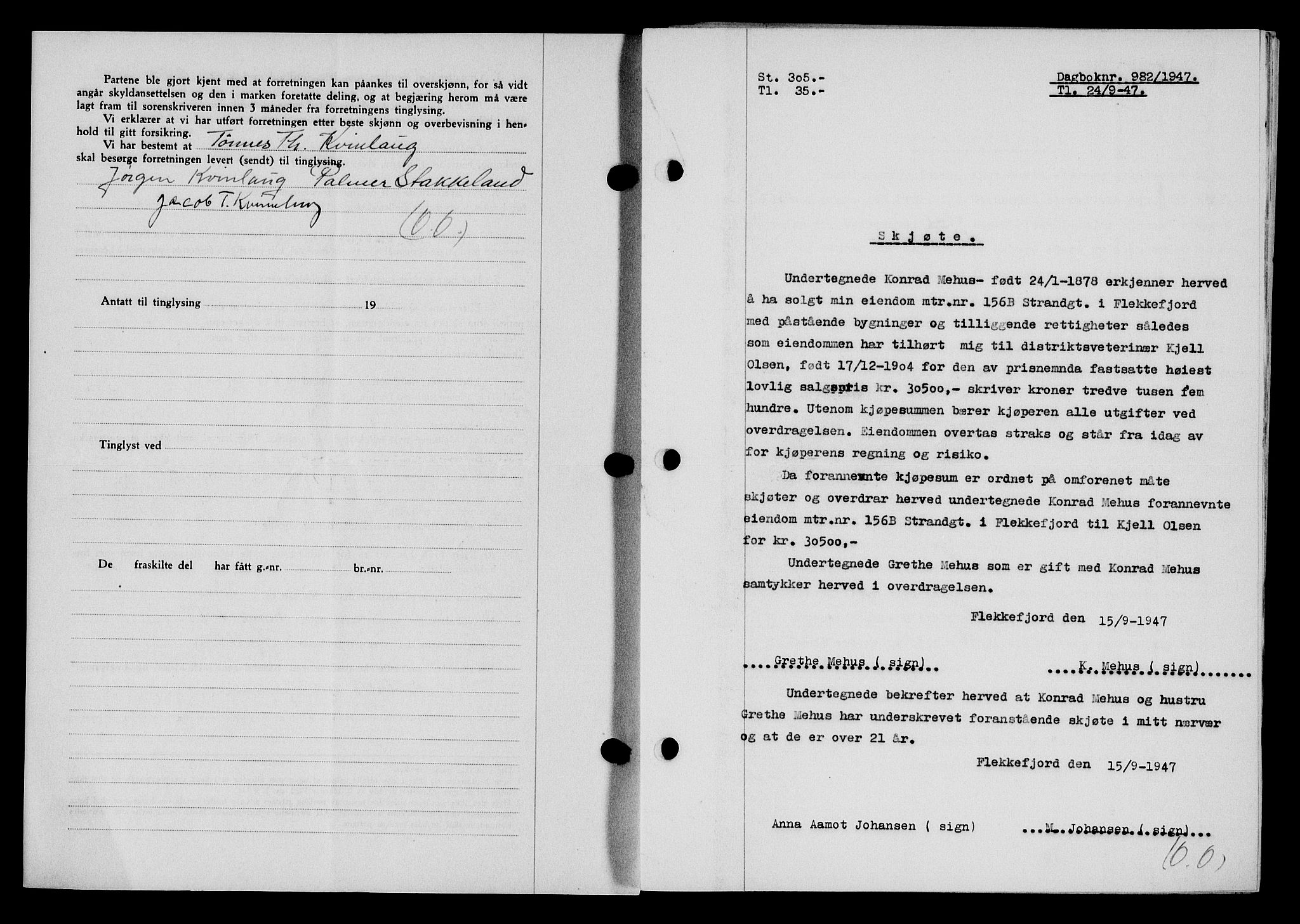 Flekkefjord sorenskriveri, SAK/1221-0001/G/Gb/Gba/L0062: Mortgage book no. A-10, 1947-1947, Diary no: : 982/1947