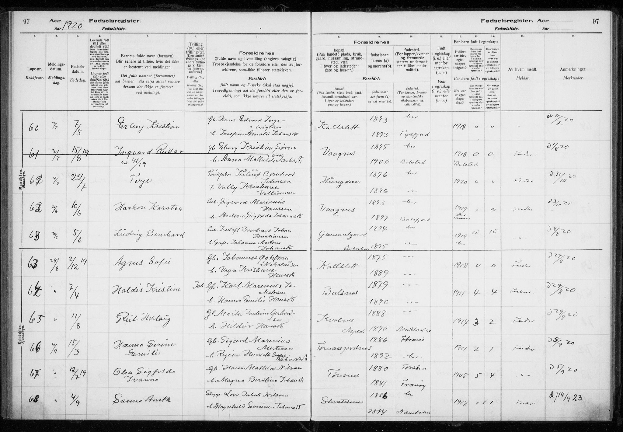 Tromsøysund sokneprestkontor, AV/SATØ-S-1304/H/Ha/L0079: Birth register no. 79, 1916-1924, p. 97