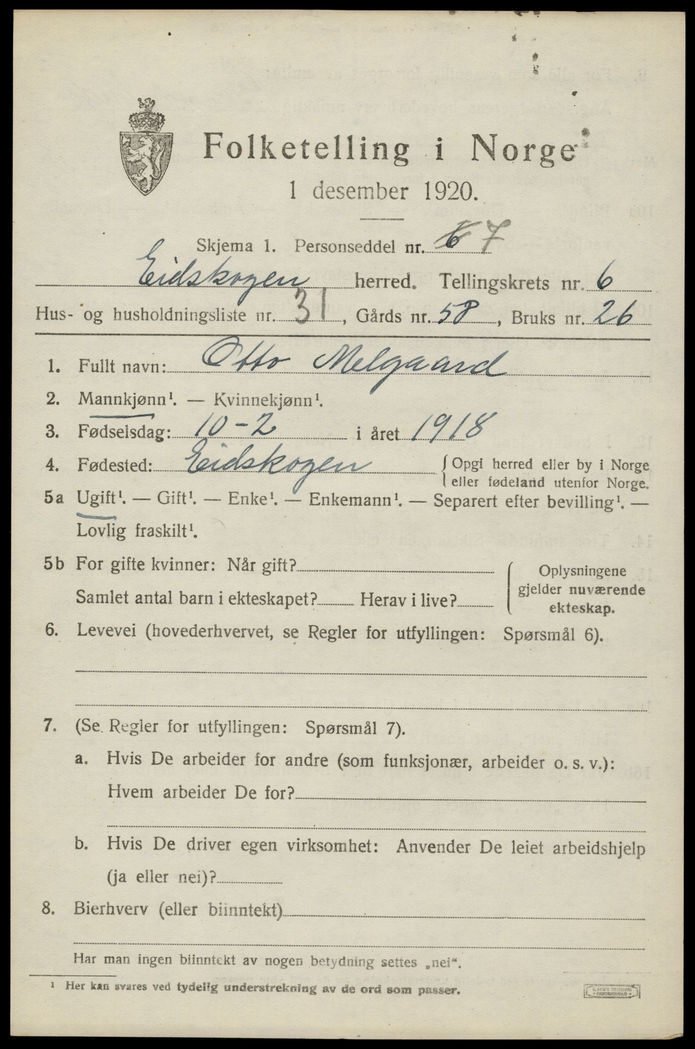 SAH, 1920 census for Eidskog, 1920, p. 6751
