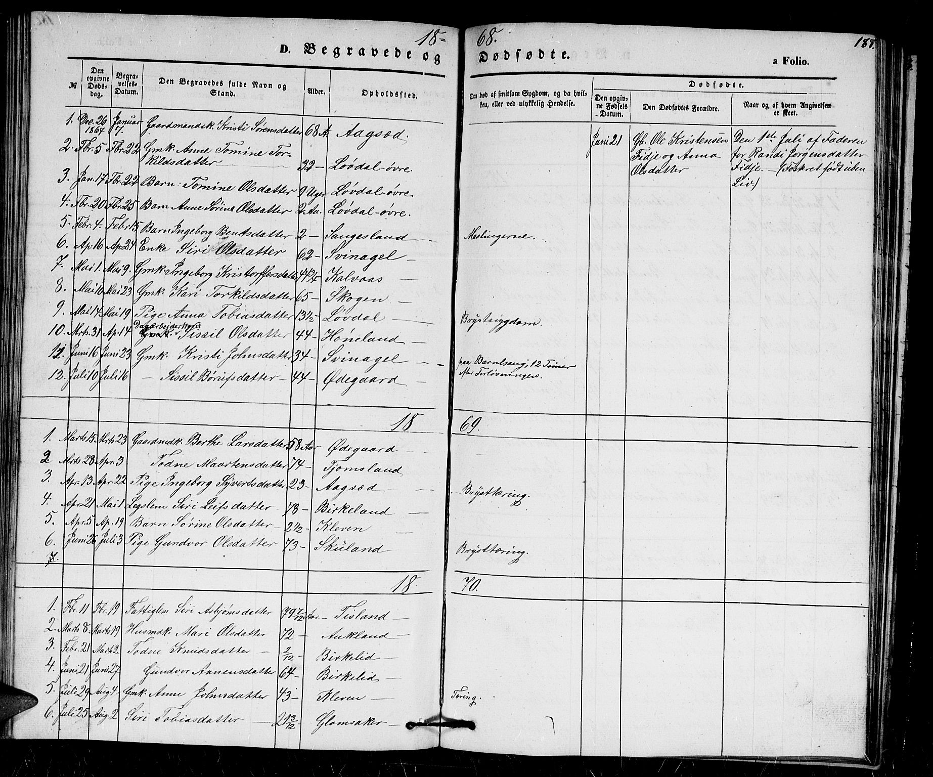 Holum sokneprestkontor, SAK/1111-0022/F/Fb/Fbb/L0002: Parish register (copy) no. B 2, 1847-1874, p. 187
