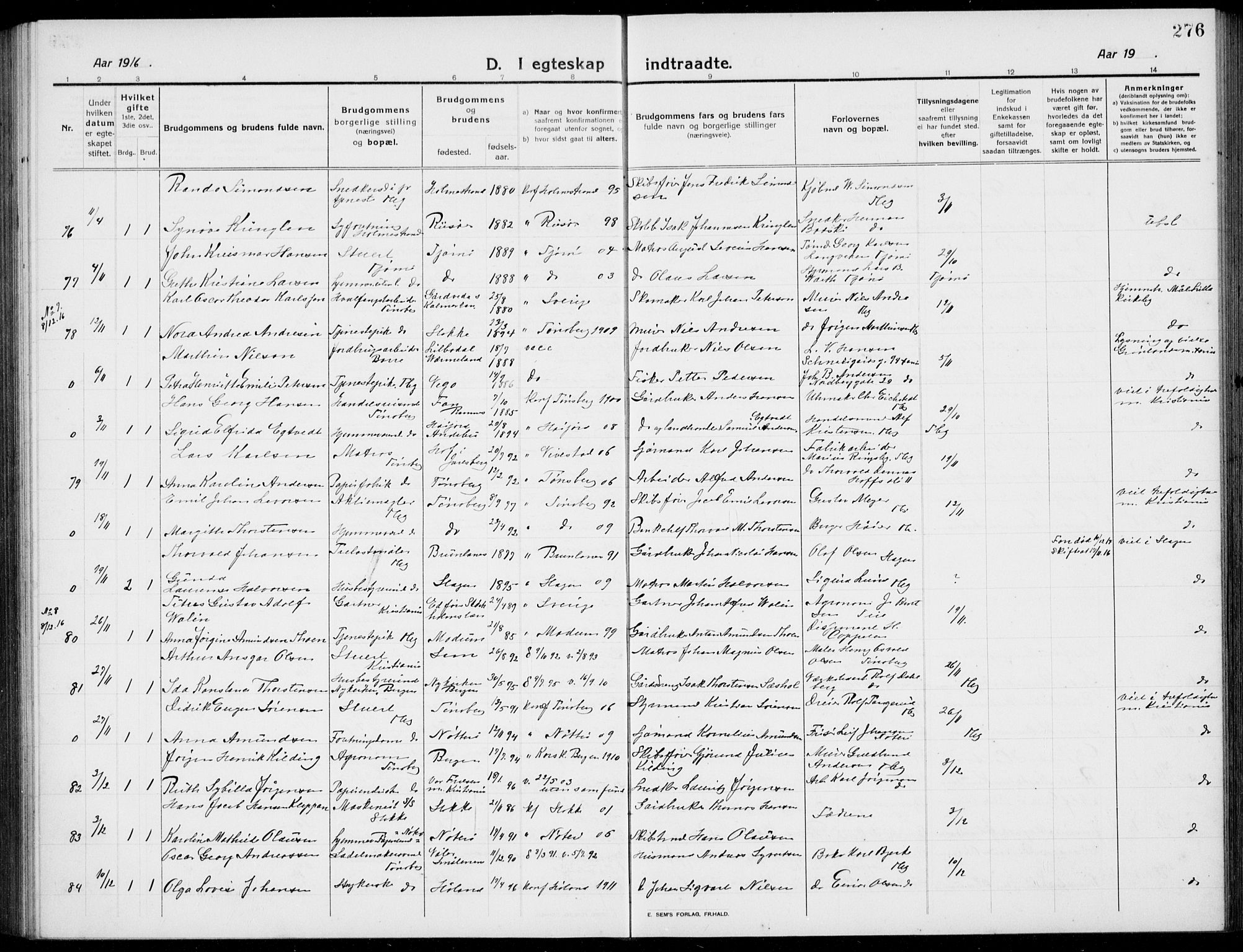 Tønsberg kirkebøker, AV/SAKO-A-330/G/Ga/L0009: Parish register (copy) no. 9, 1913-1920, p. 276