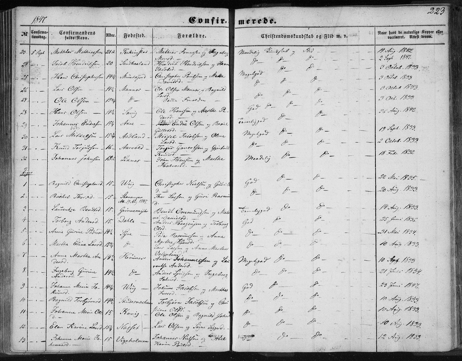 Skudenes sokneprestkontor, AV/SAST-A -101849/H/Ha/Haa/L0004: Parish register (official) no. A 3.1, 1847-1863, p. 223