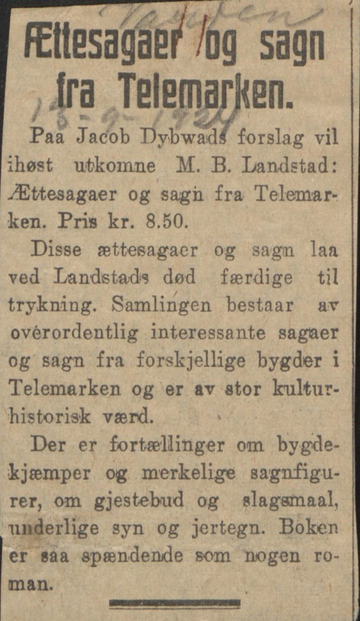 Rikard Berge, TEMU/TGM-A-1003/F/L0011/0010: 381-399 / 390 M. B. Landstads "Sagn fra Telemarken", 1920