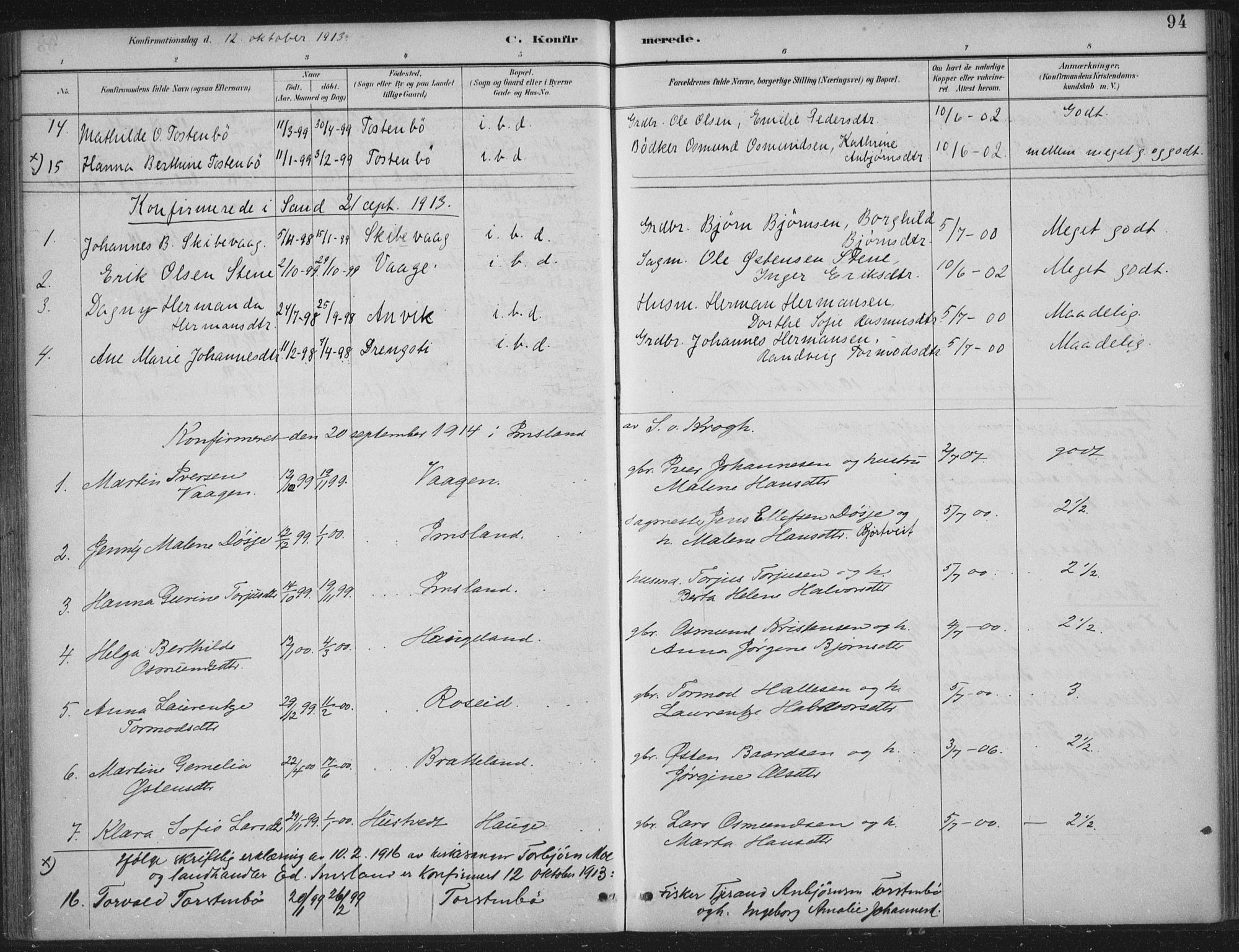 Vikedal sokneprestkontor, AV/SAST-A-101840/01/IV: Parish register (official) no. A 12, 1886-1929, p. 94