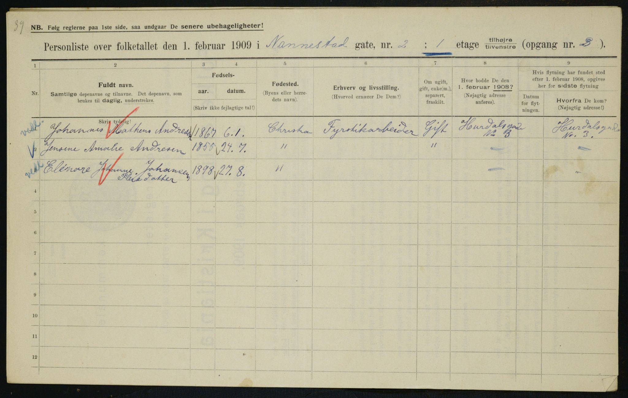 OBA, Municipal Census 1909 for Kristiania, 1909, p. 62616