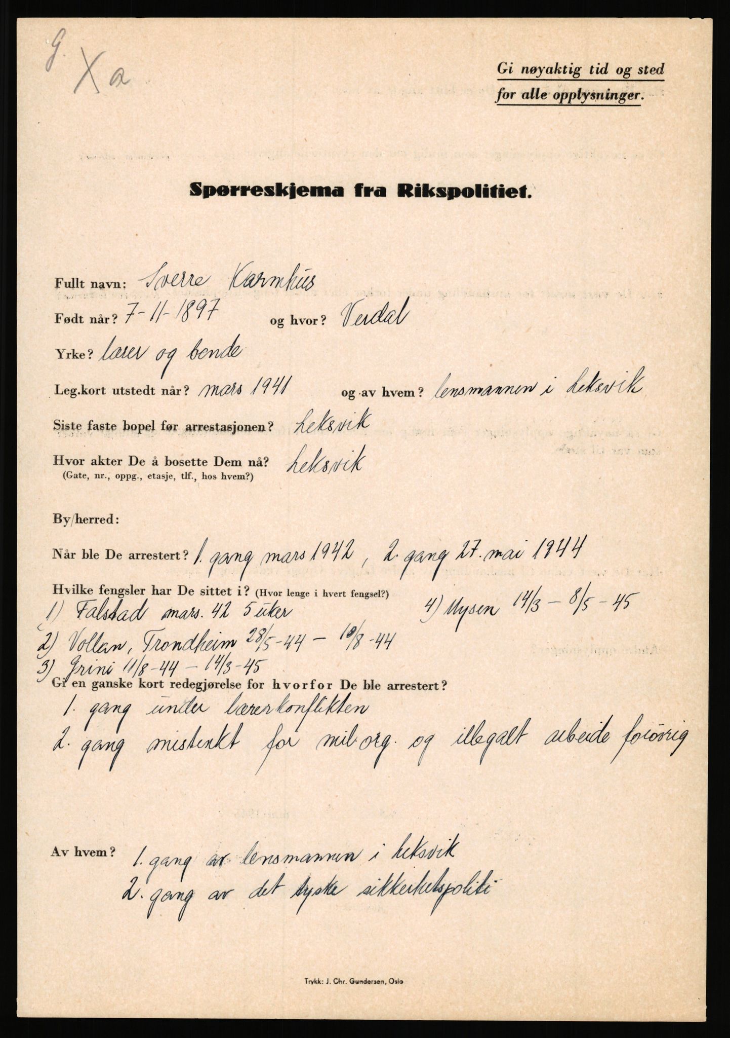 Rikspolitisjefen, AV/RA-S-1560/L/L0009: Karlsen, Aksel Emanuel - Kristiansen, Øivind Vetre, 1940-1945, p. 159