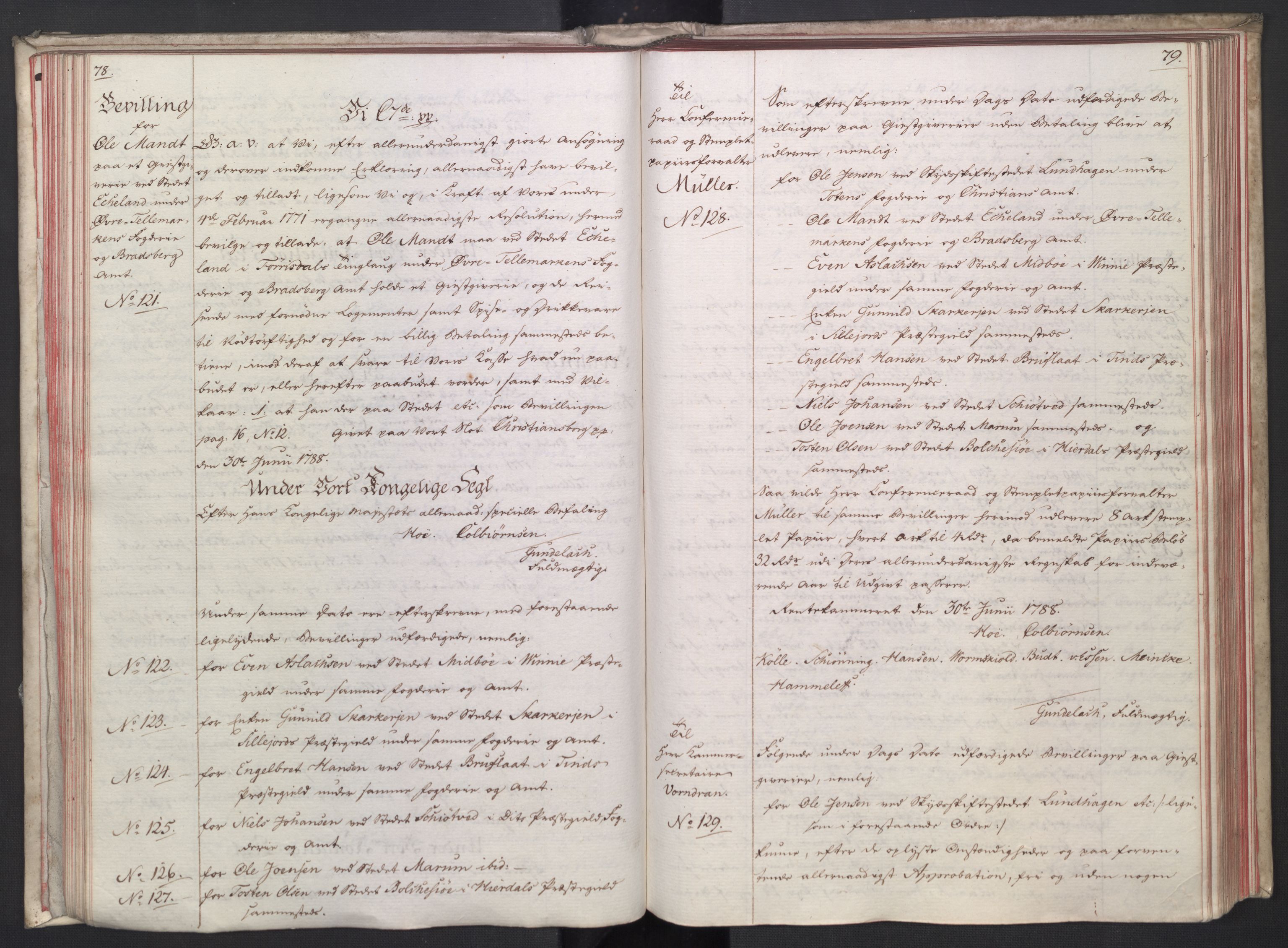 Rentekammeret, Kammerkanselliet, RA/EA-3111/G/Gg/Gga/L0014: Norsk ekspedisjonsprotokoll med register (merket RK 53.14), 1787-1790, p. 78-79
