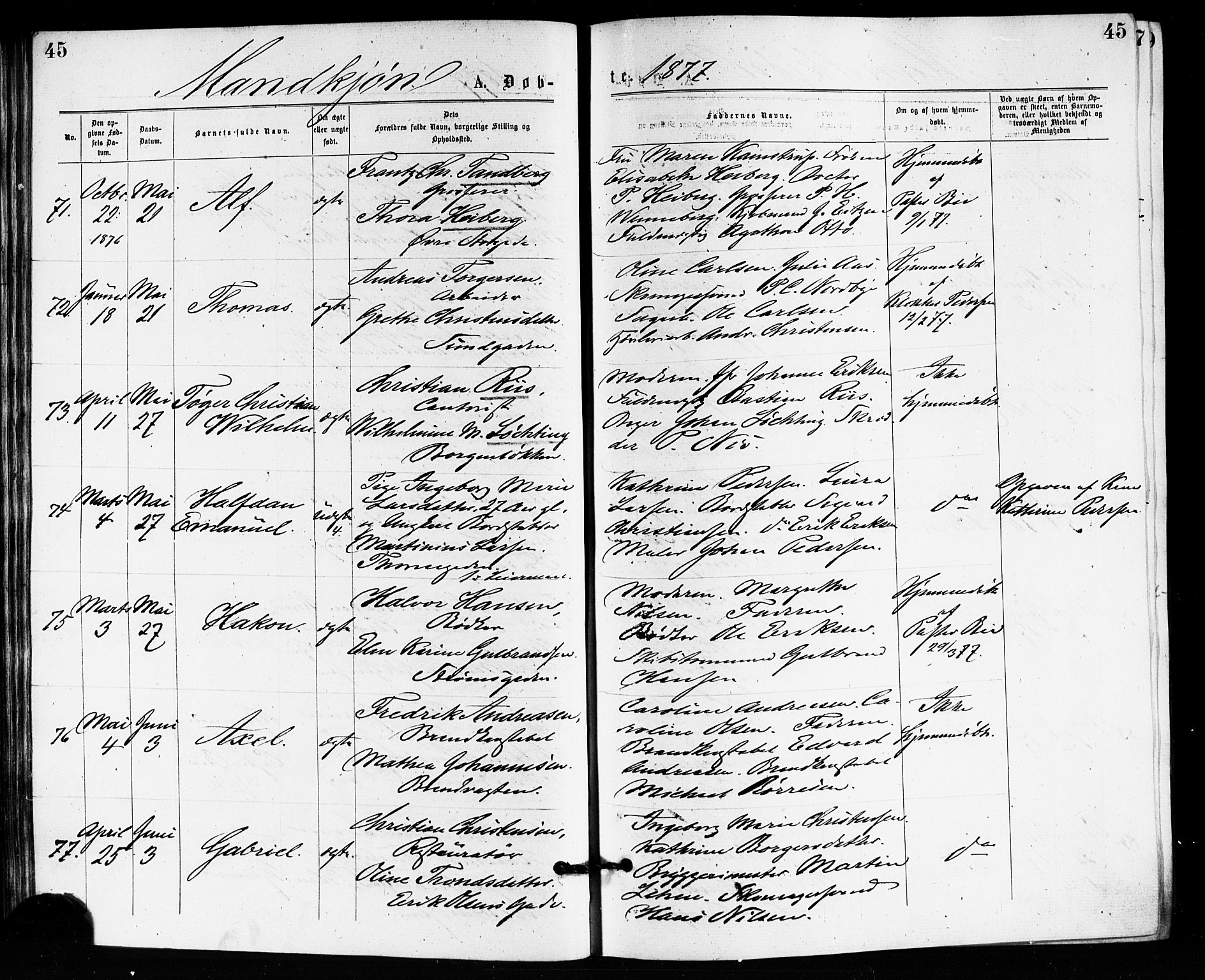 Bragernes kirkebøker, AV/SAKO-A-6/F/Fb/L0005: Parish register (official) no. II 5, 1875-1877, p. 45