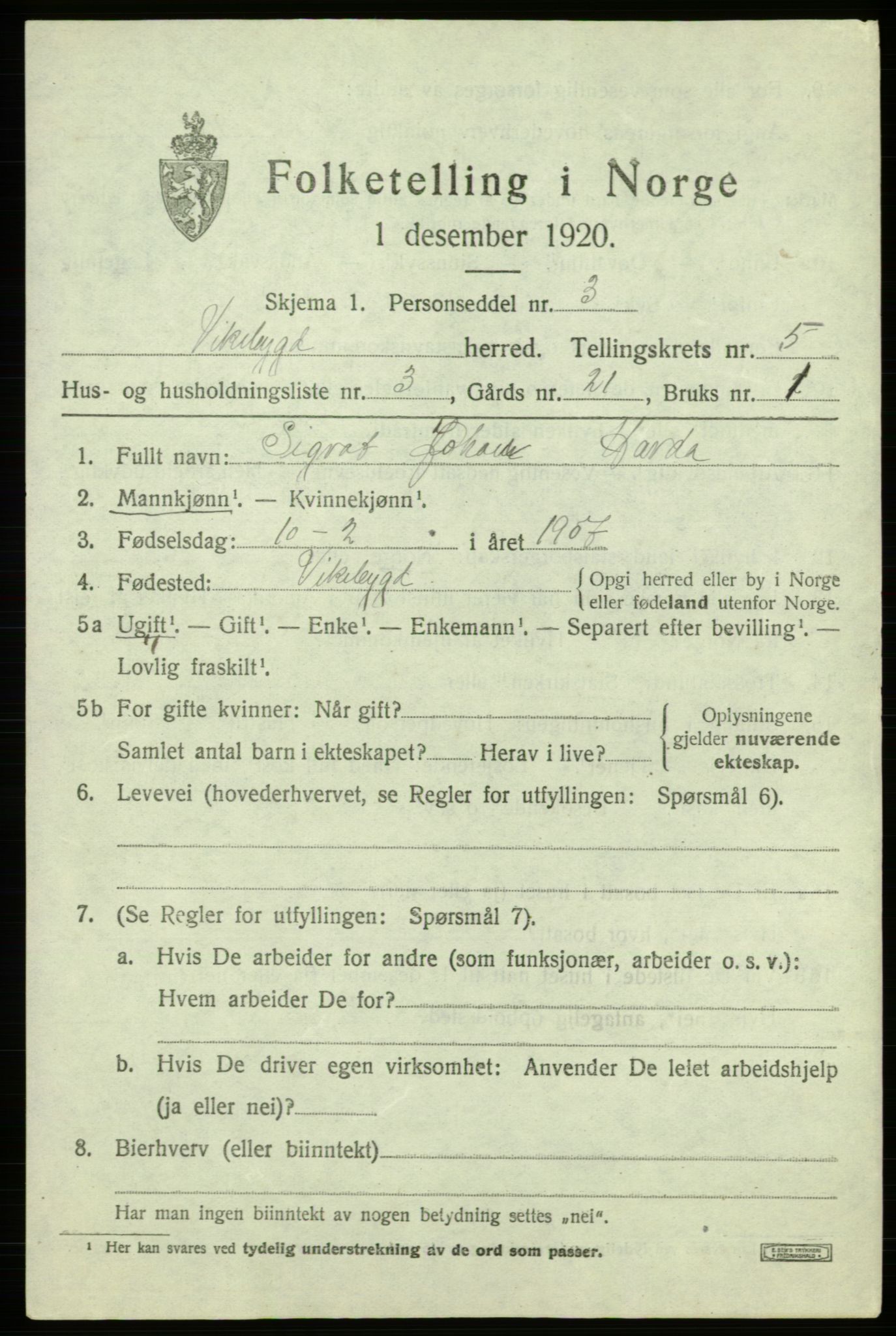 SAB, 1920 census for Vikebygd, 1920, p. 1697