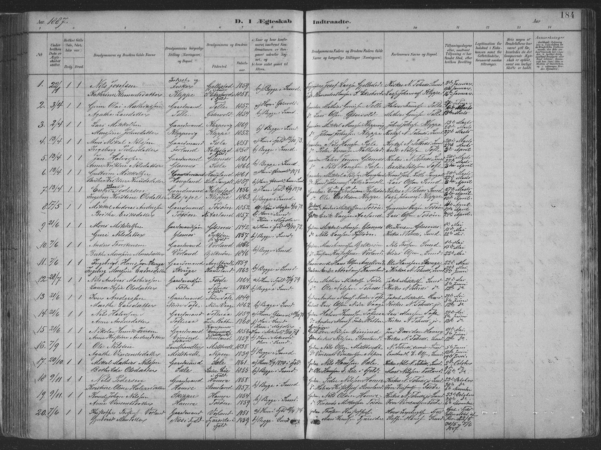 Sund sokneprestembete, SAB/A-99930: Parish register (copy) no. B 3, 1882-1911, p. 184