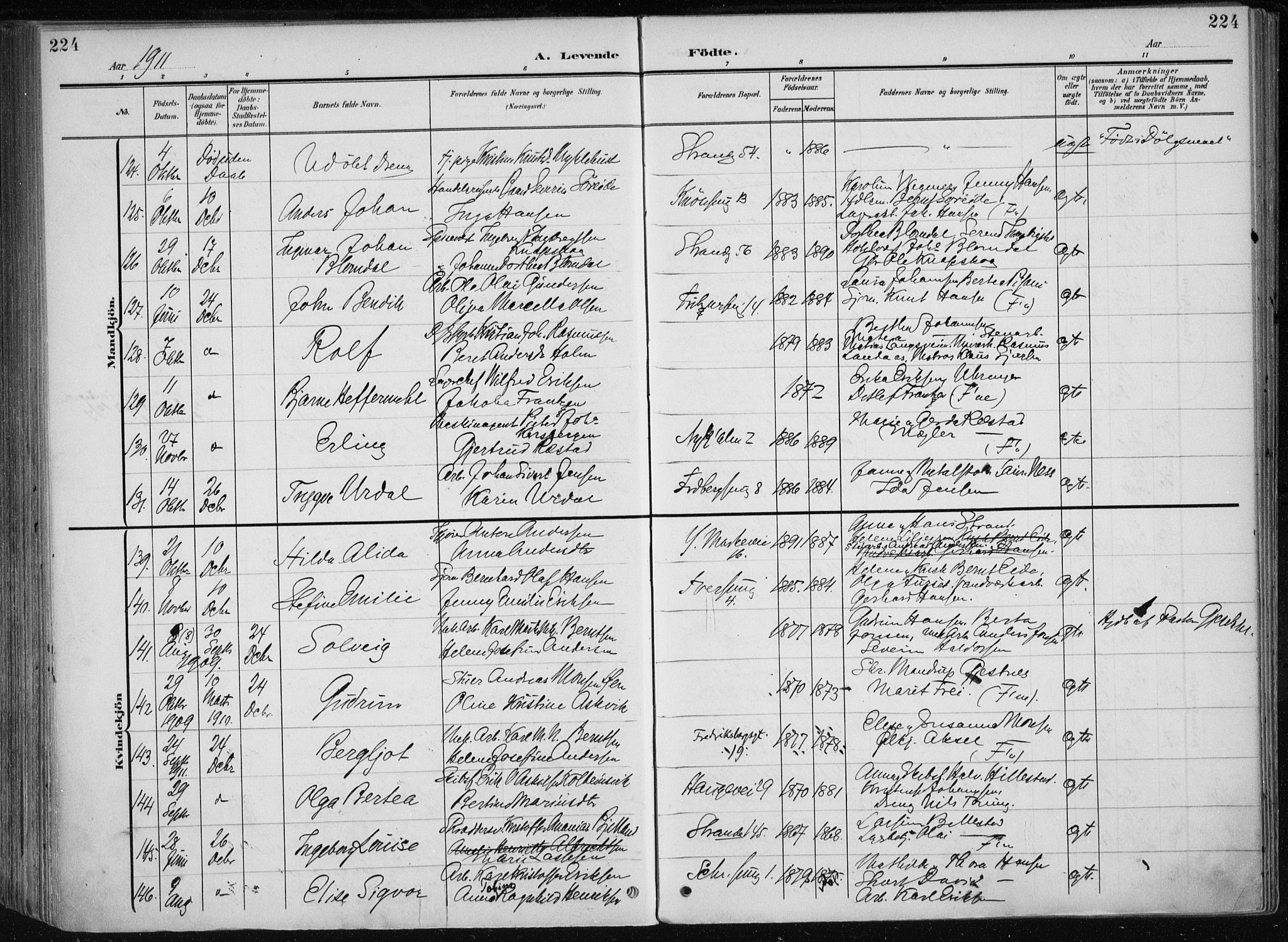 Nykirken Sokneprestembete, AV/SAB-A-77101/H/Haa/L0019: Parish register (official) no. B 7, 1904-1916, p. 224