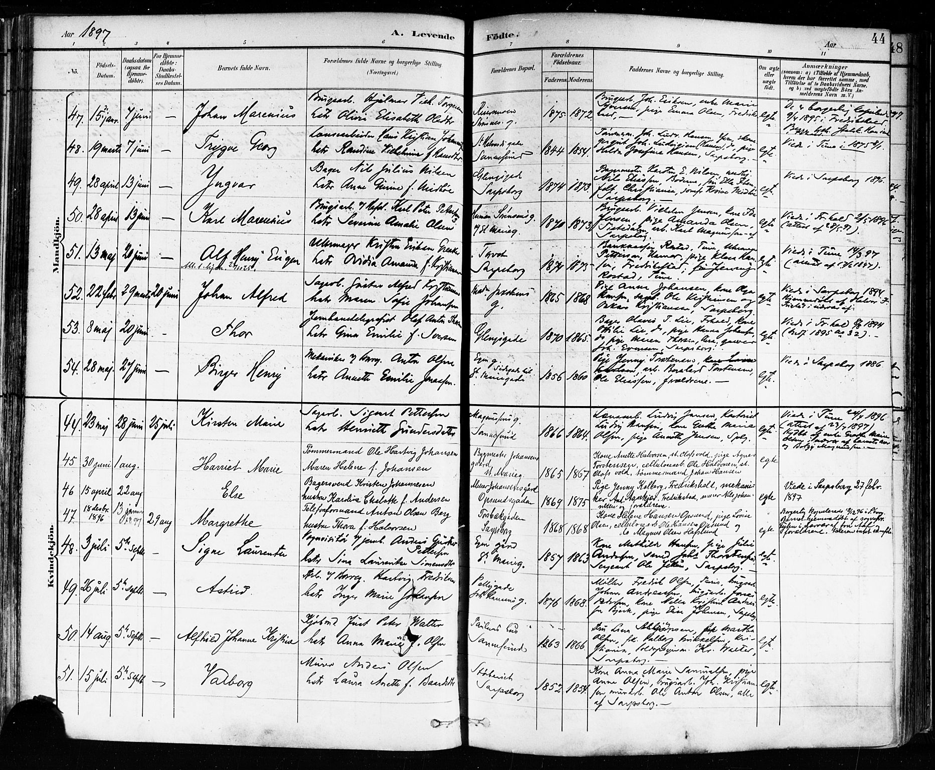 Sarpsborg prestekontor Kirkebøker, AV/SAO-A-2006/F/Fa/L0004: Parish register (official) no. 4, 1892-1899, p. 44