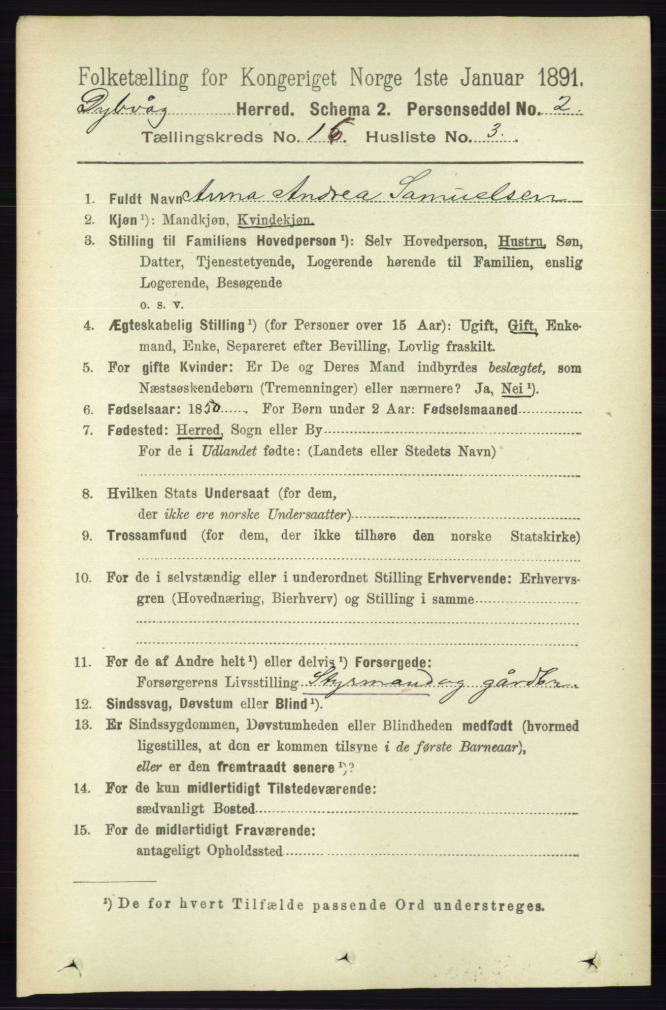 RA, 1891 census for 0915 Dypvåg, 1891, p. 6409