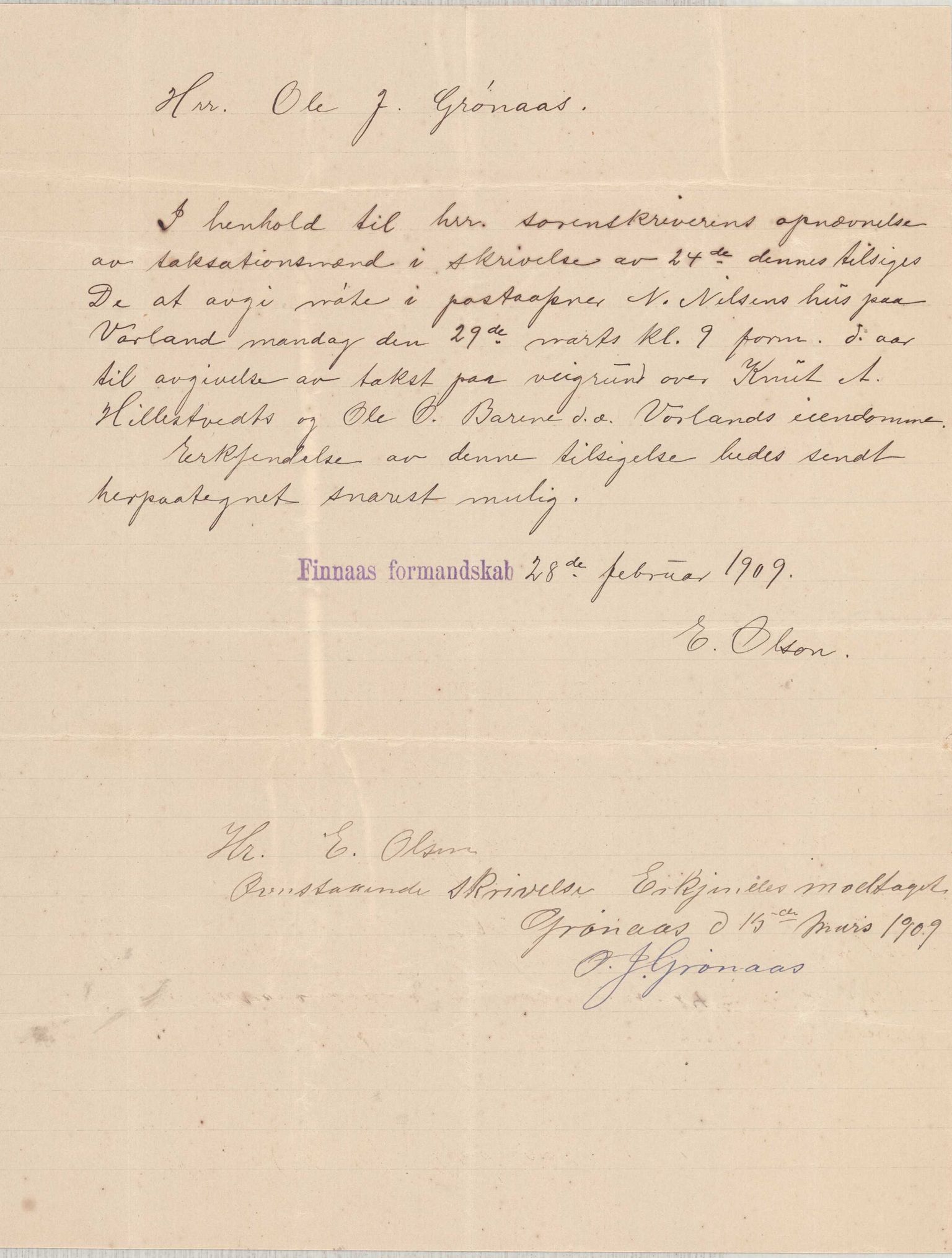 Finnaas kommune. Formannskapet, IKAH/1218a-021/D/Da/L0001/0011: Korrespondanse / saker / Kronologisk ordna korrespondanse , 1908-1912, p. 8