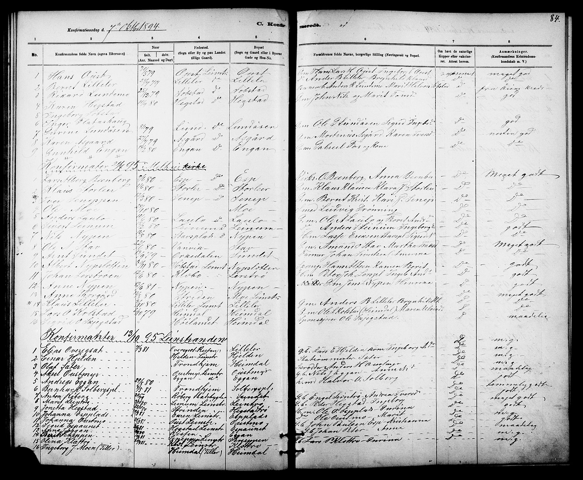 Ministerialprotokoller, klokkerbøker og fødselsregistre - Sør-Trøndelag, SAT/A-1456/613/L0395: Parish register (copy) no. 613C03, 1887-1909, p. 84