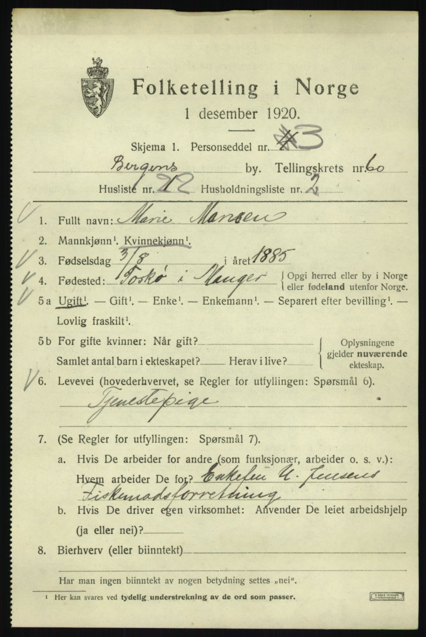 SAB, 1920 census for Bergen, 1920, p. 129772