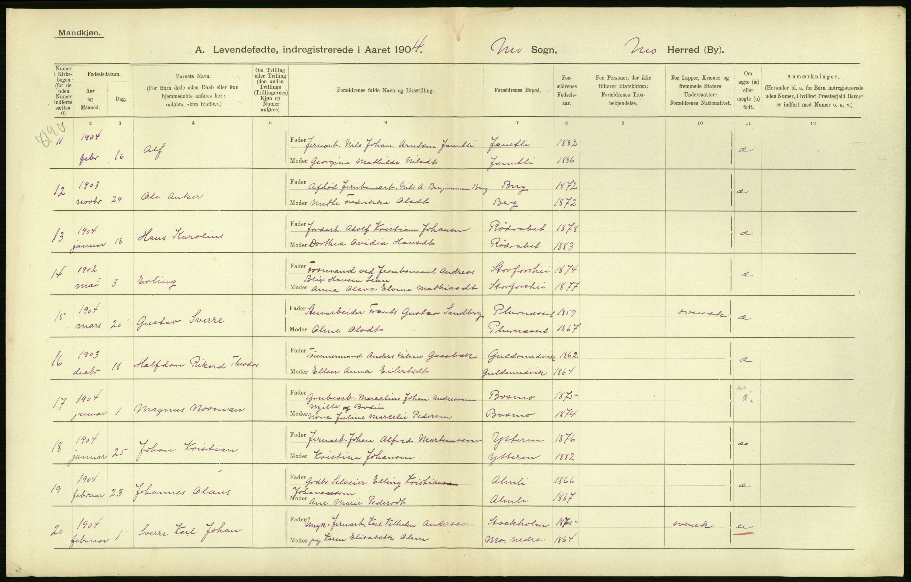 Statistisk sentralbyrå, Sosiodemografiske emner, Befolkning, AV/RA-S-2228/D/Df/Dfa/Dfab/L0020: Nordlands amt: Fødte. Bygder, 1904, p. 14