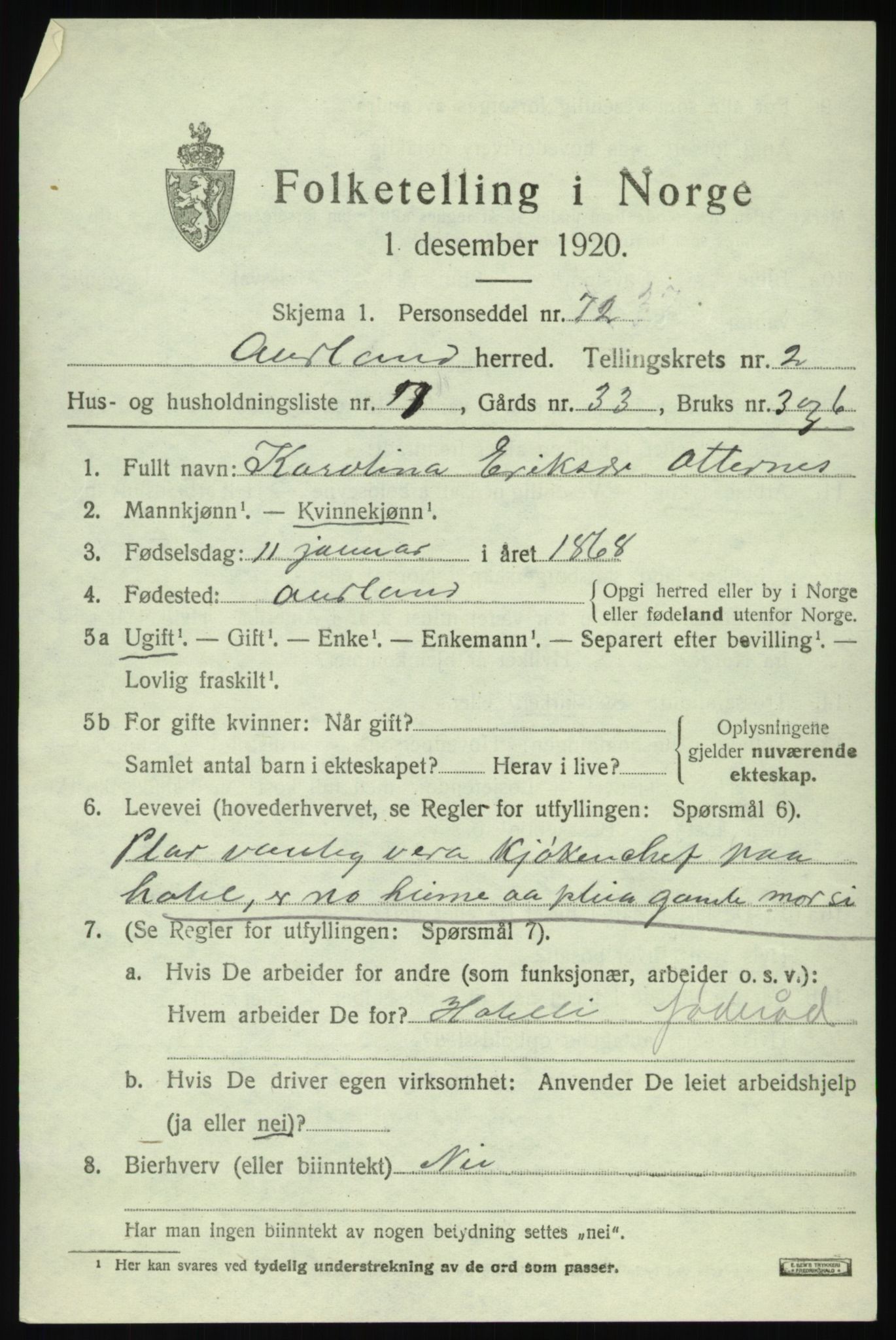 SAB, 1920 census for Aurland, 1920, p. 1896