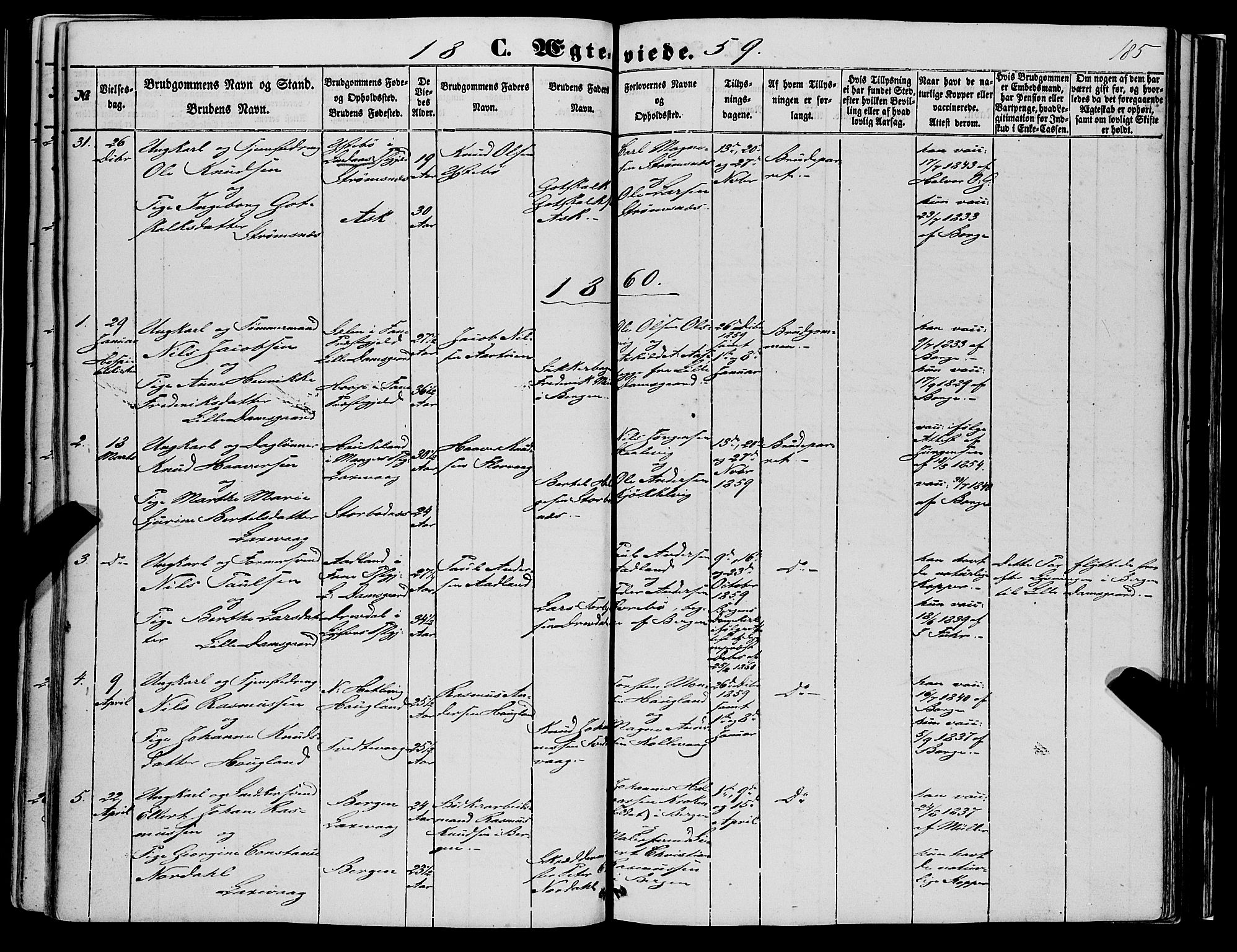 Askøy Sokneprestembete, AV/SAB-A-74101/H/Ha/Haa/Haaa/L0008: Parish register (official) no. A 8, 1852-1862, p. 185