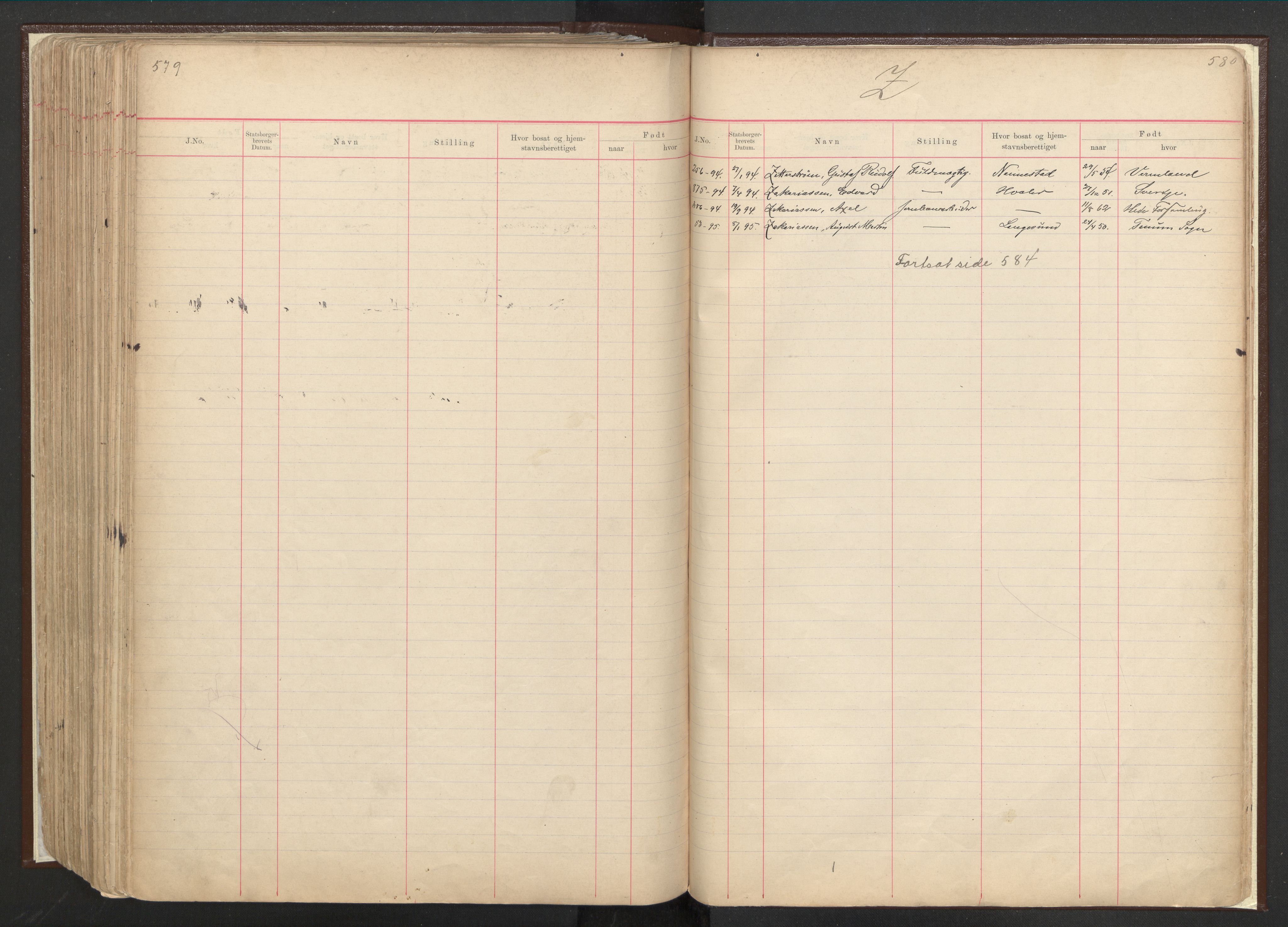 Justisdepartementet, 3. politikontor P3, AV/RA-S-1051/C/Cc/L0001: Journal over statsborgersaker, 1891-1946, p. 579-580