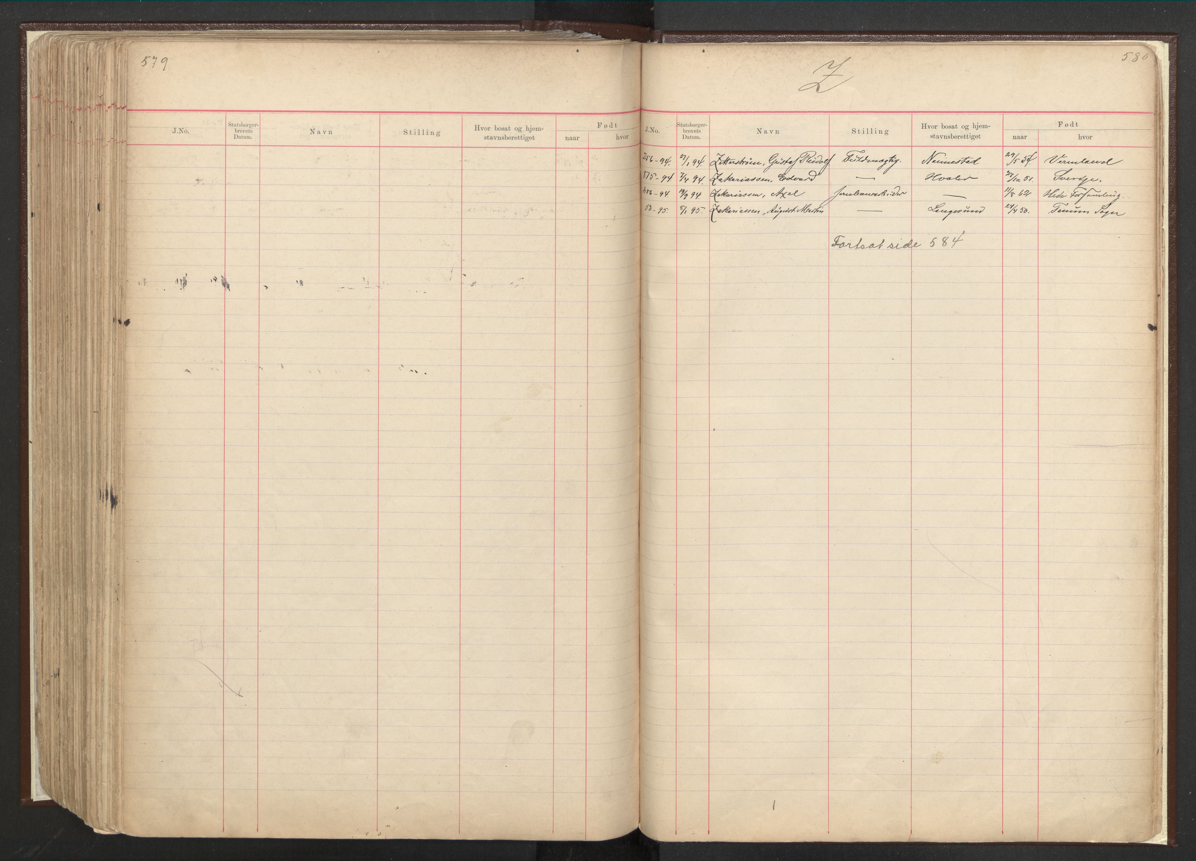 Justisdepartementet, 3. politikontor P3, RA/S-1051/C/Cc/L0001: Journal over statsborgersaker, 1891-1946, p. 579-580