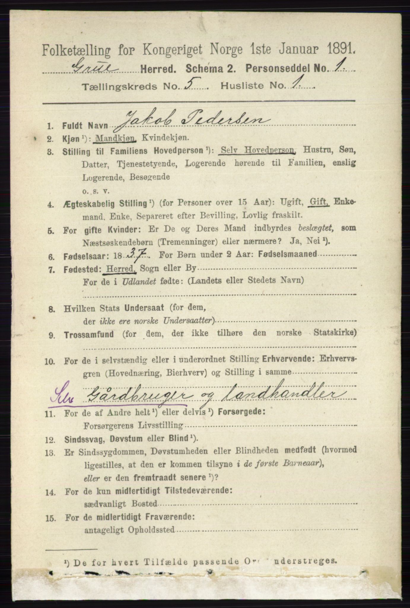 RA, 1891 census for 0423 Grue, 1891, p. 2695