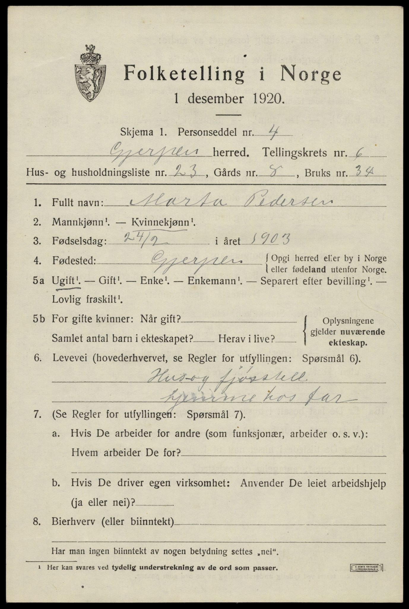 SAKO, 1920 census for Gjerpen, 1920, p. 7182