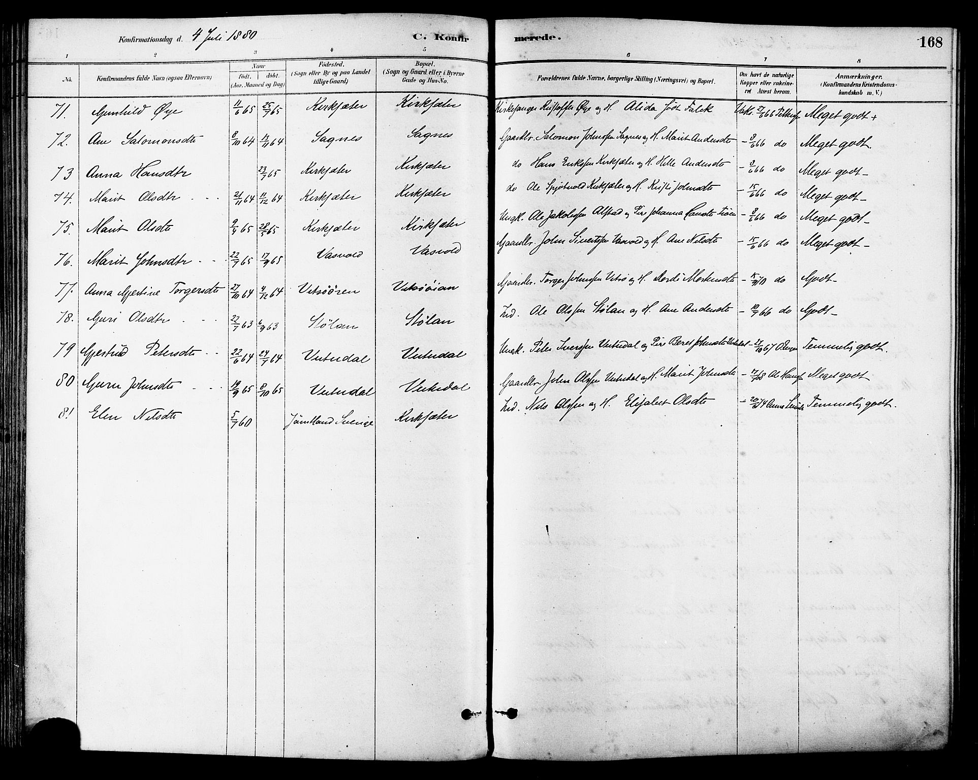 Ministerialprotokoller, klokkerbøker og fødselsregistre - Sør-Trøndelag, SAT/A-1456/630/L0496: Parish register (official) no. 630A09, 1879-1895, p. 168