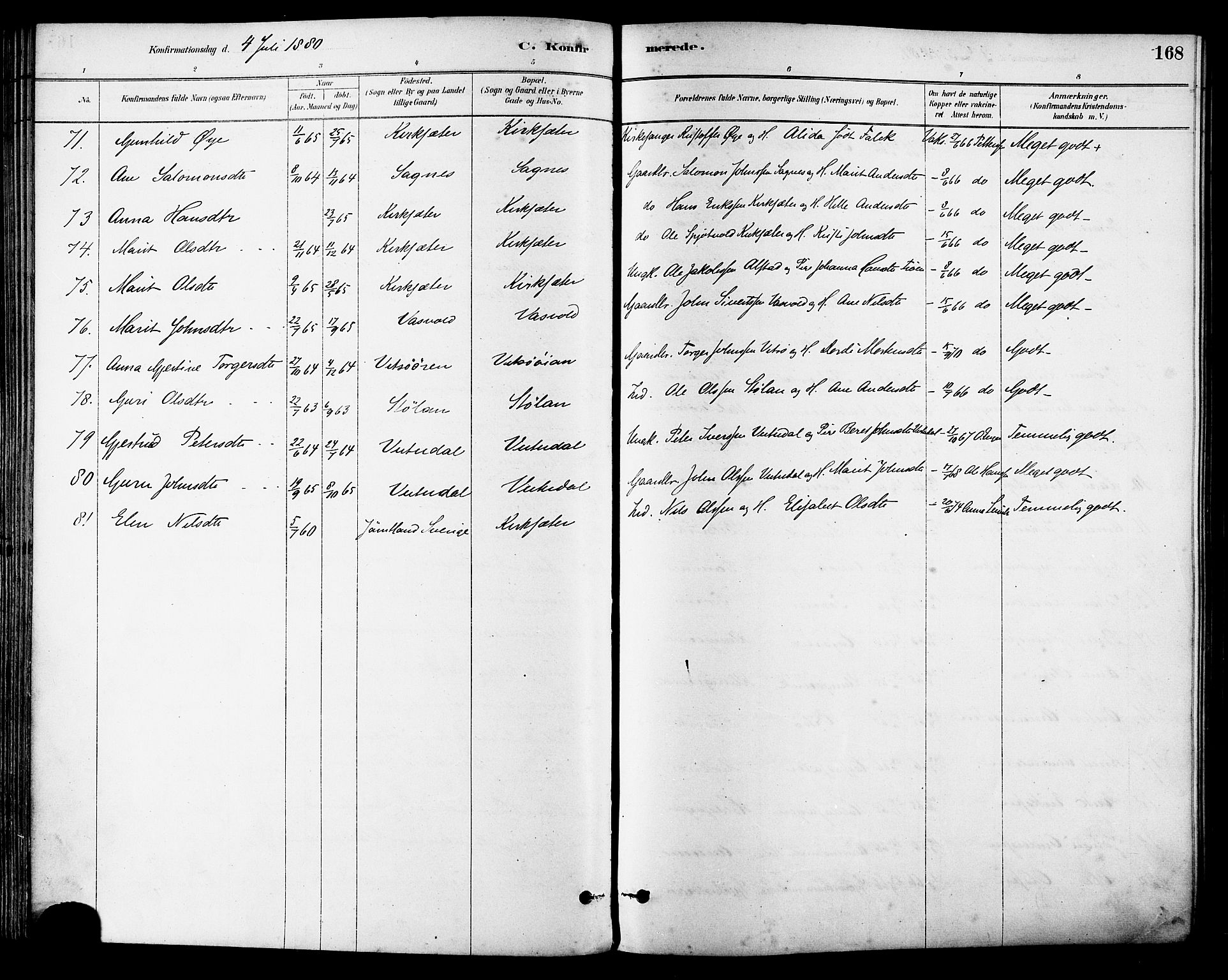 Ministerialprotokoller, klokkerbøker og fødselsregistre - Sør-Trøndelag, AV/SAT-A-1456/630/L0496: Parish register (official) no. 630A09, 1879-1895, p. 168