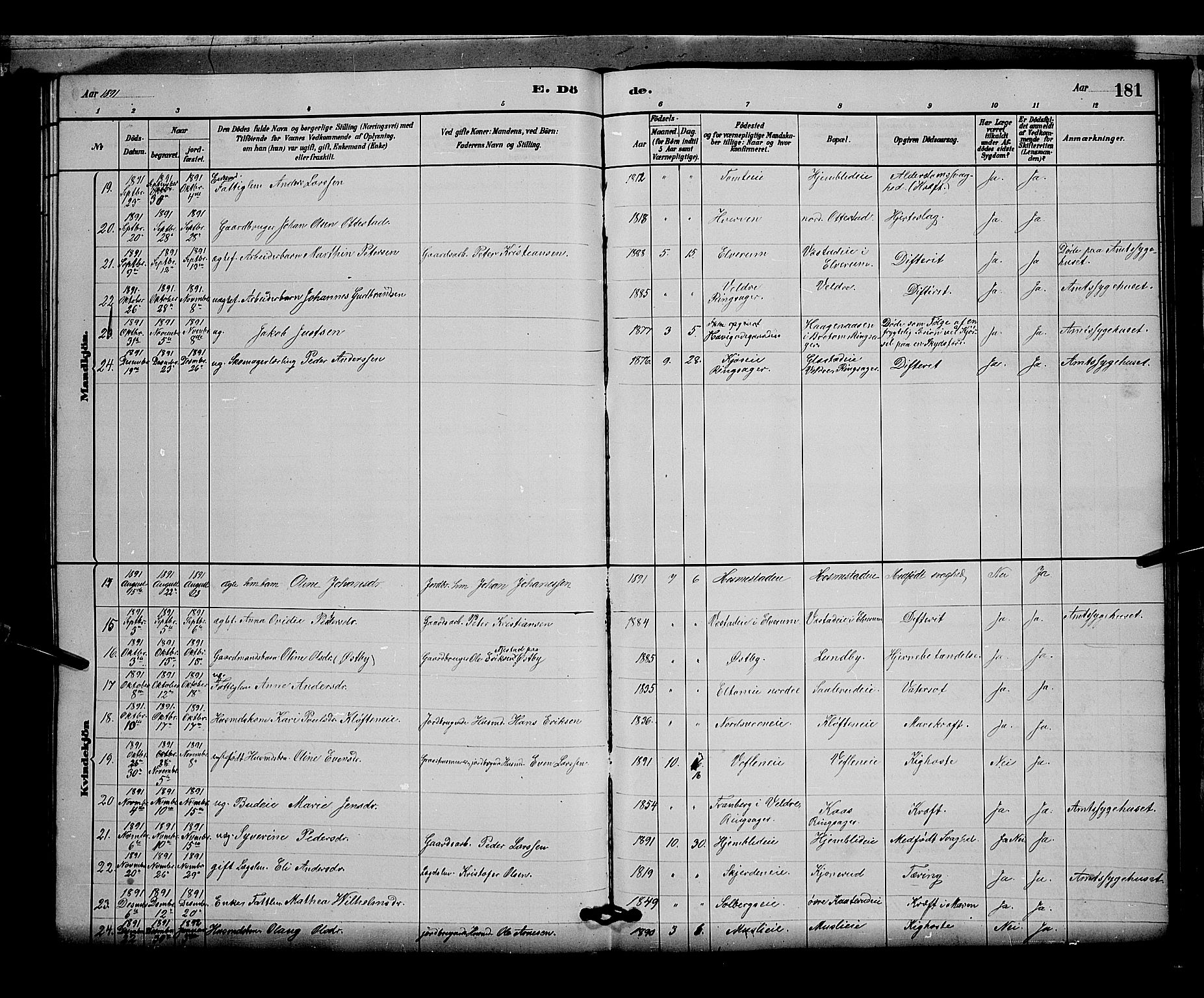 Stange prestekontor, AV/SAH-PREST-002/L/L0007: Parish register (copy) no. 7, 1880-1893, p. 181