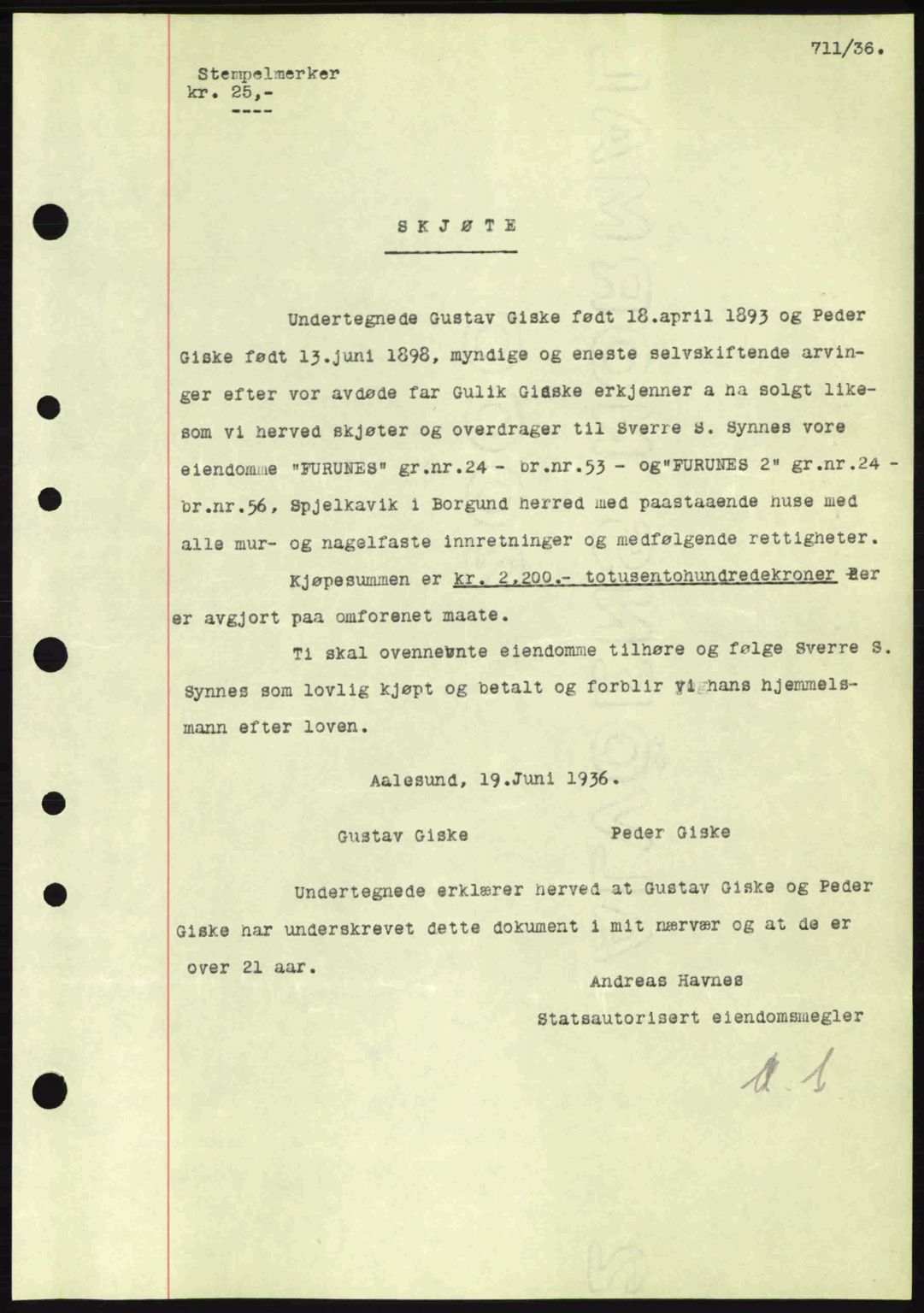 Nordre Sunnmøre sorenskriveri, AV/SAT-A-0006/1/2/2C/2Ca: Mortgage book no. A1, 1936-1936, Diary no: : 711/1936